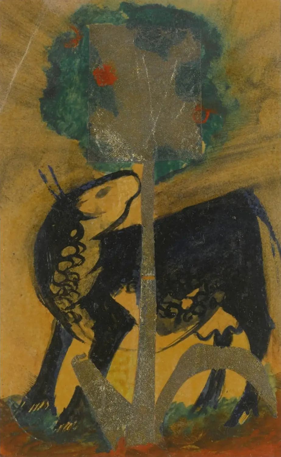 Black Cow Behind a Tree