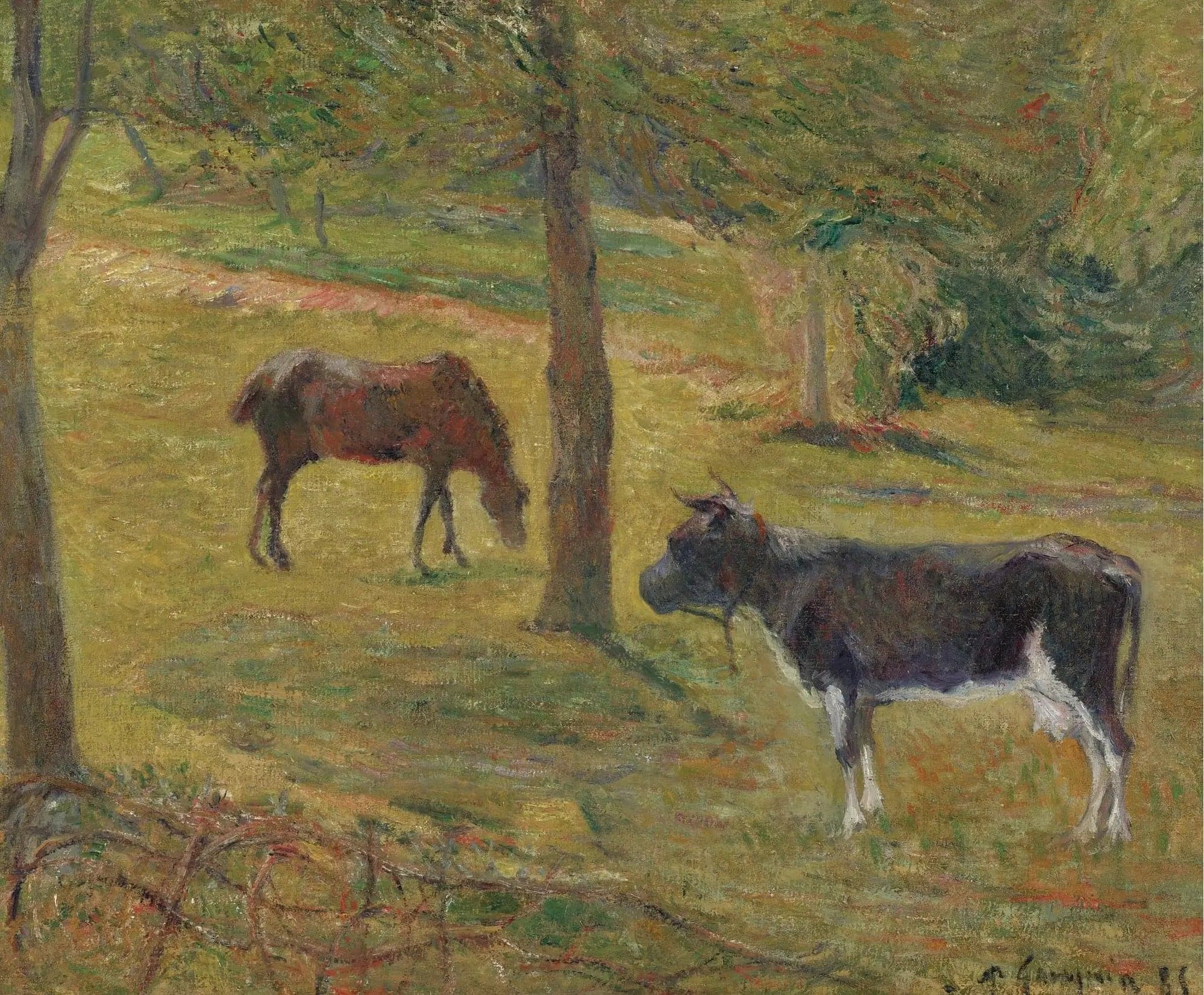 Cow and horse in a meadow