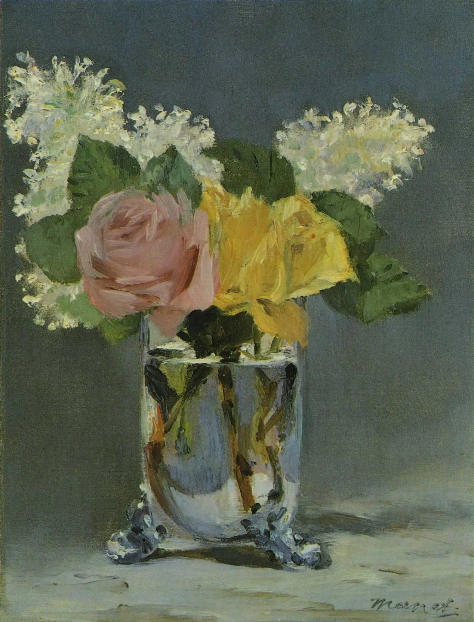 Roses and lilacs in a vase