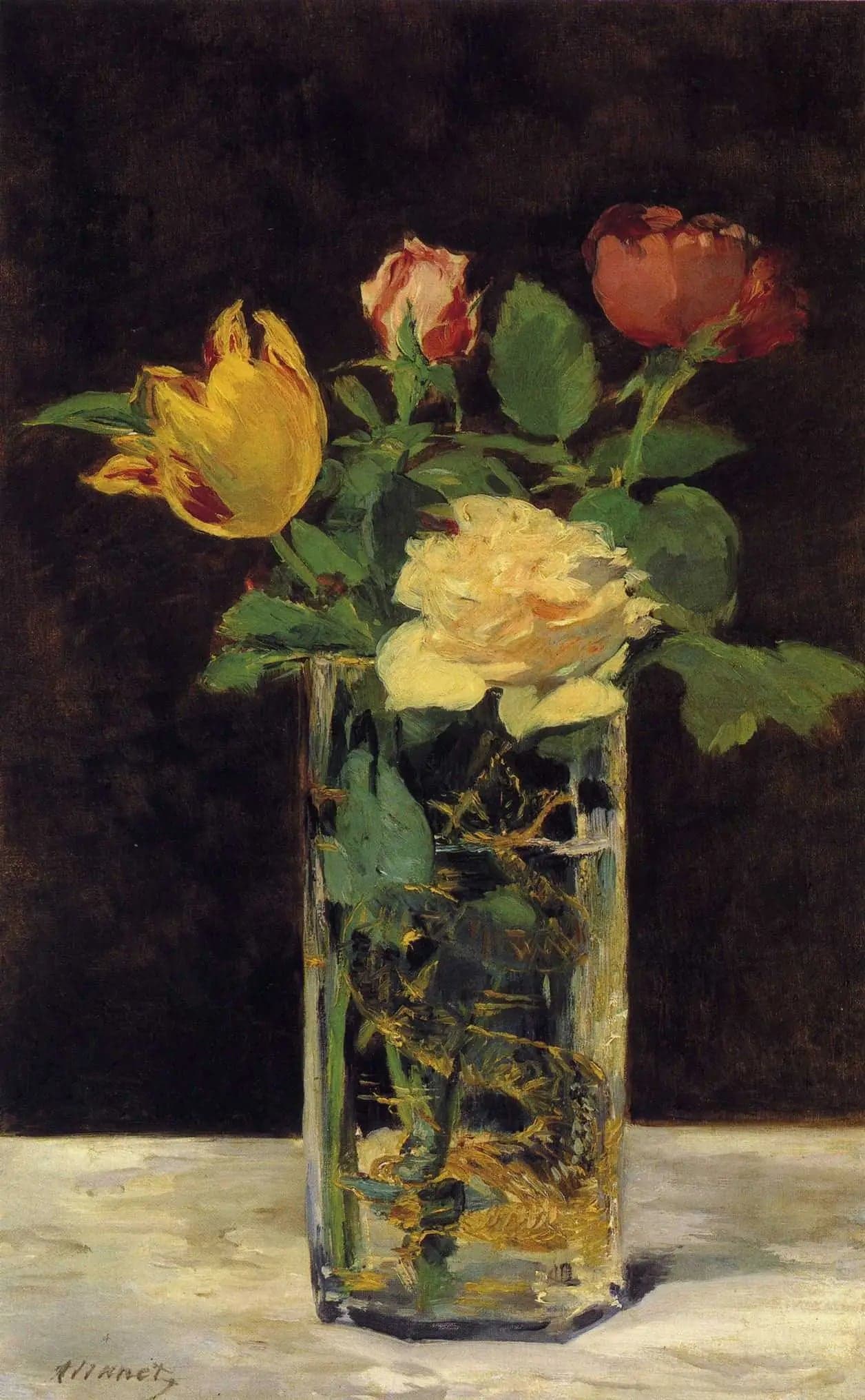 Roses and tulips in a vase