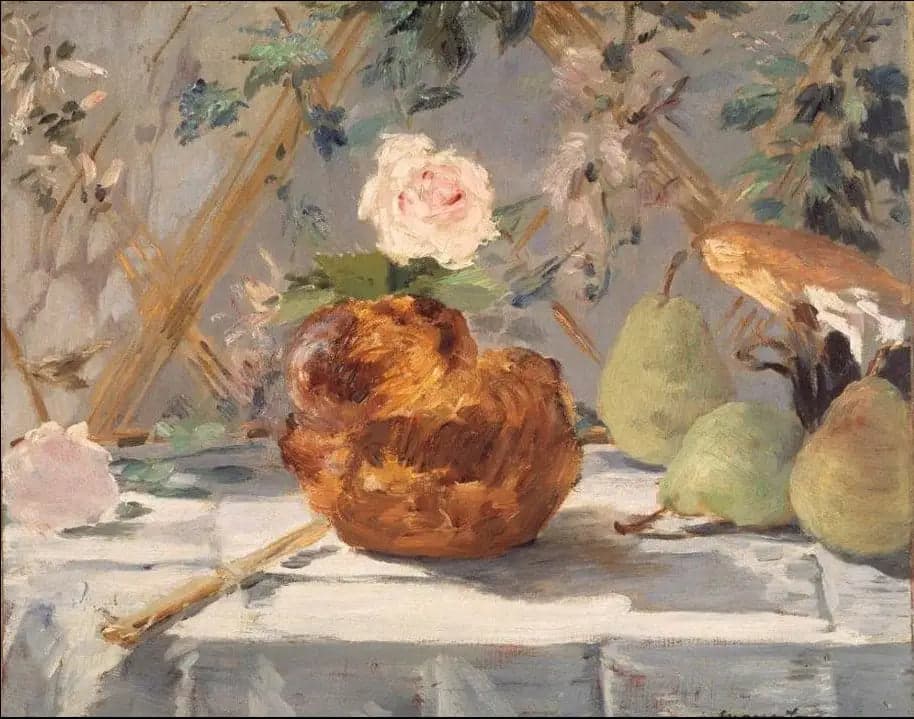Still Life, Brioche, Flowers, Pears