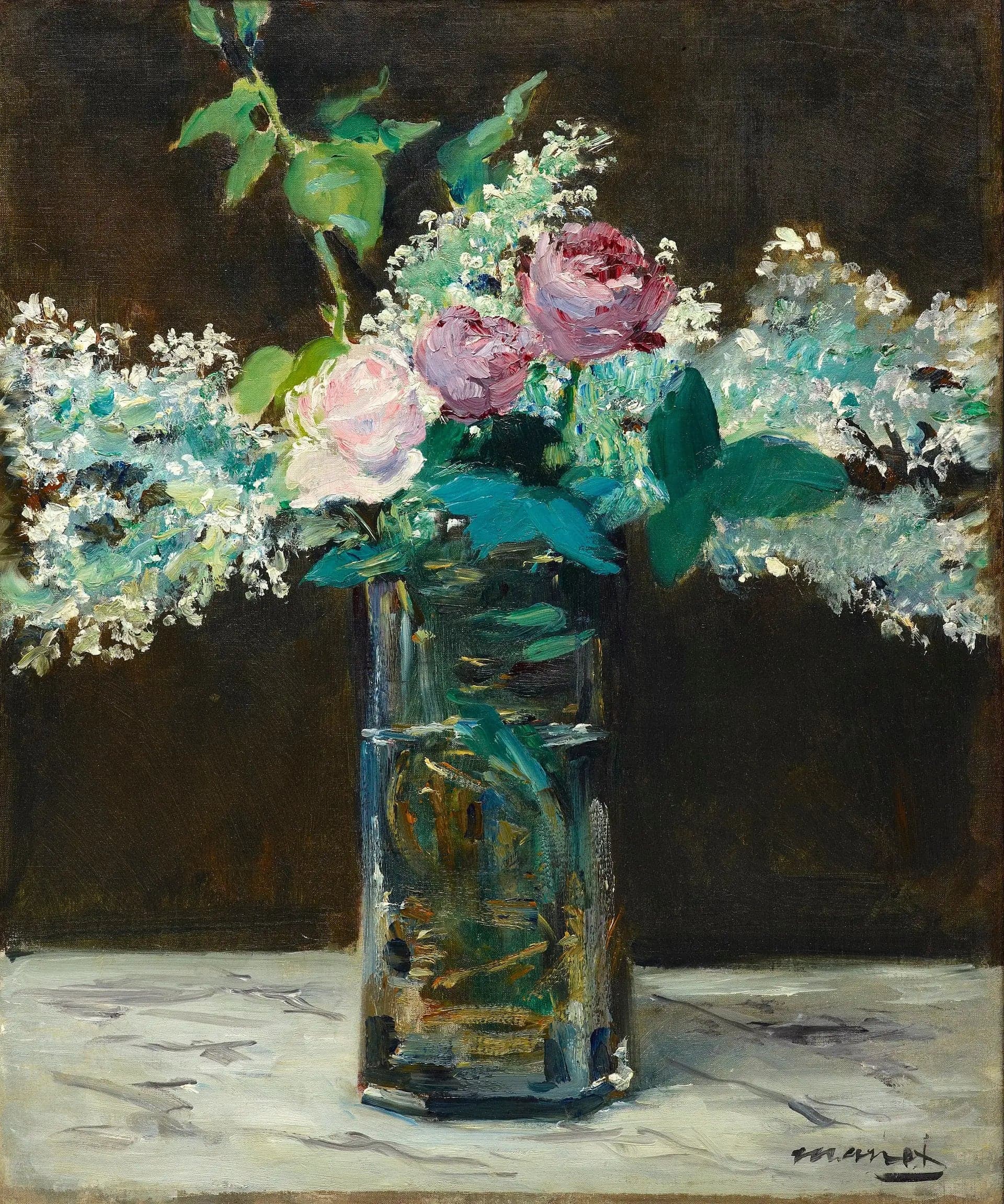 Vase with white lilacs and roses