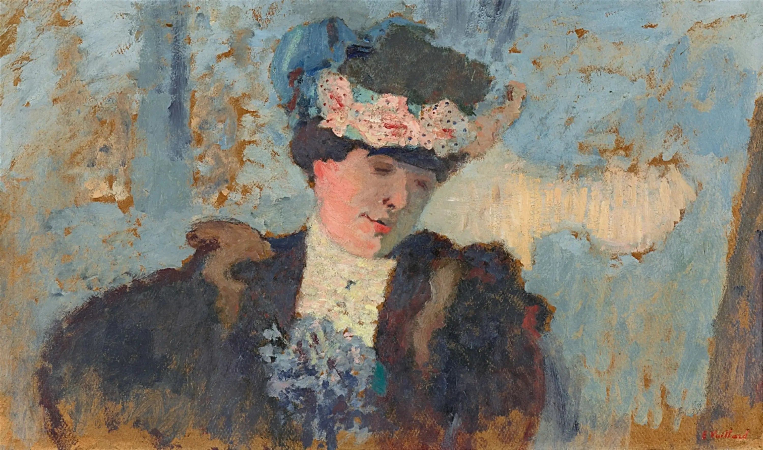 Madame Hessel with a hat adorned with roses