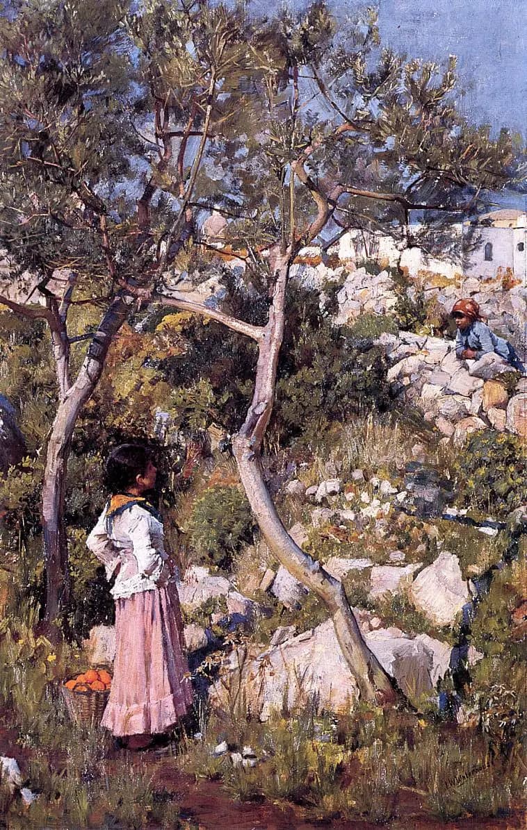 Two Little Italian Girls Near a Village