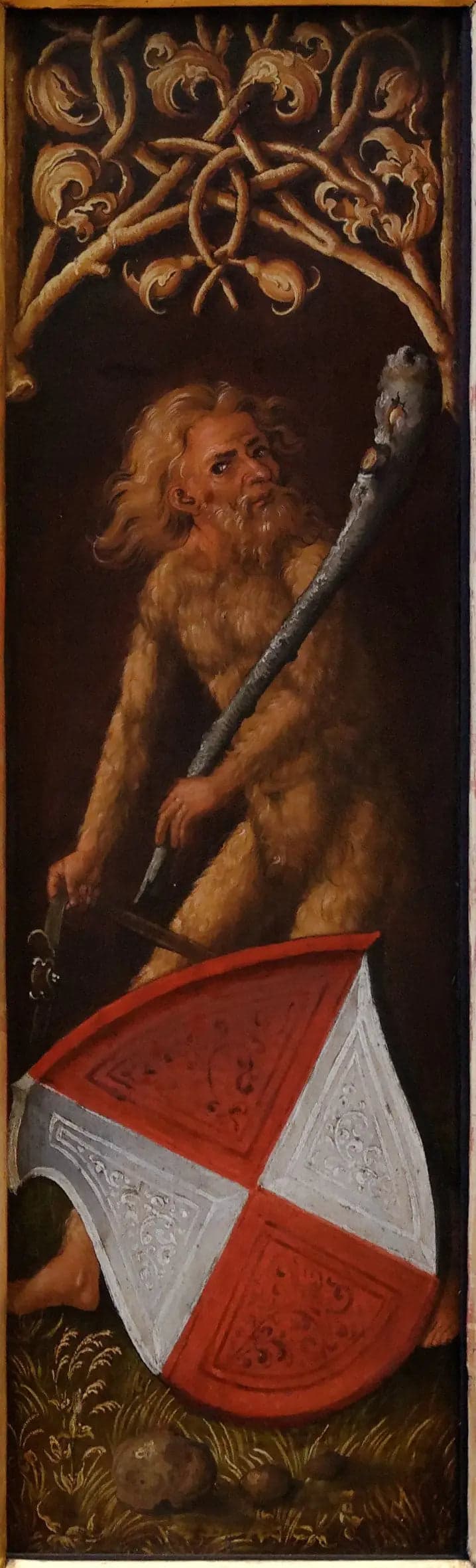 Portrait of Oswolt Krel: "Woodland Men" with the heraldic shields of Agathe von Esendorf