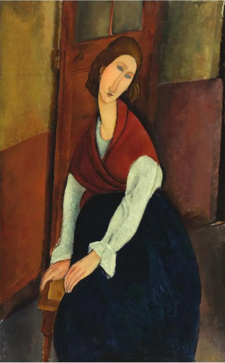Jeanne Hébuterne in front of a door