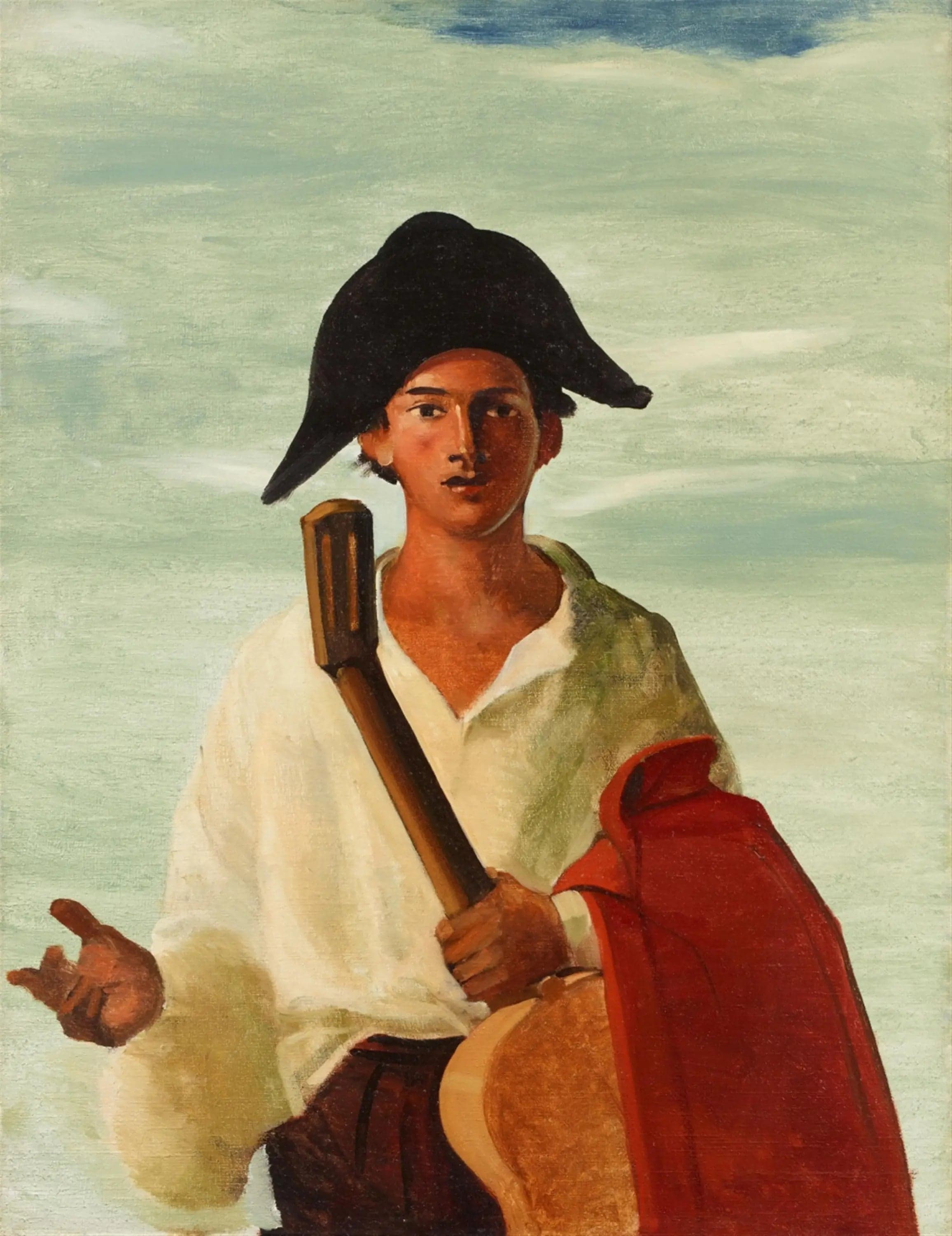 Harlequin holding a guitar