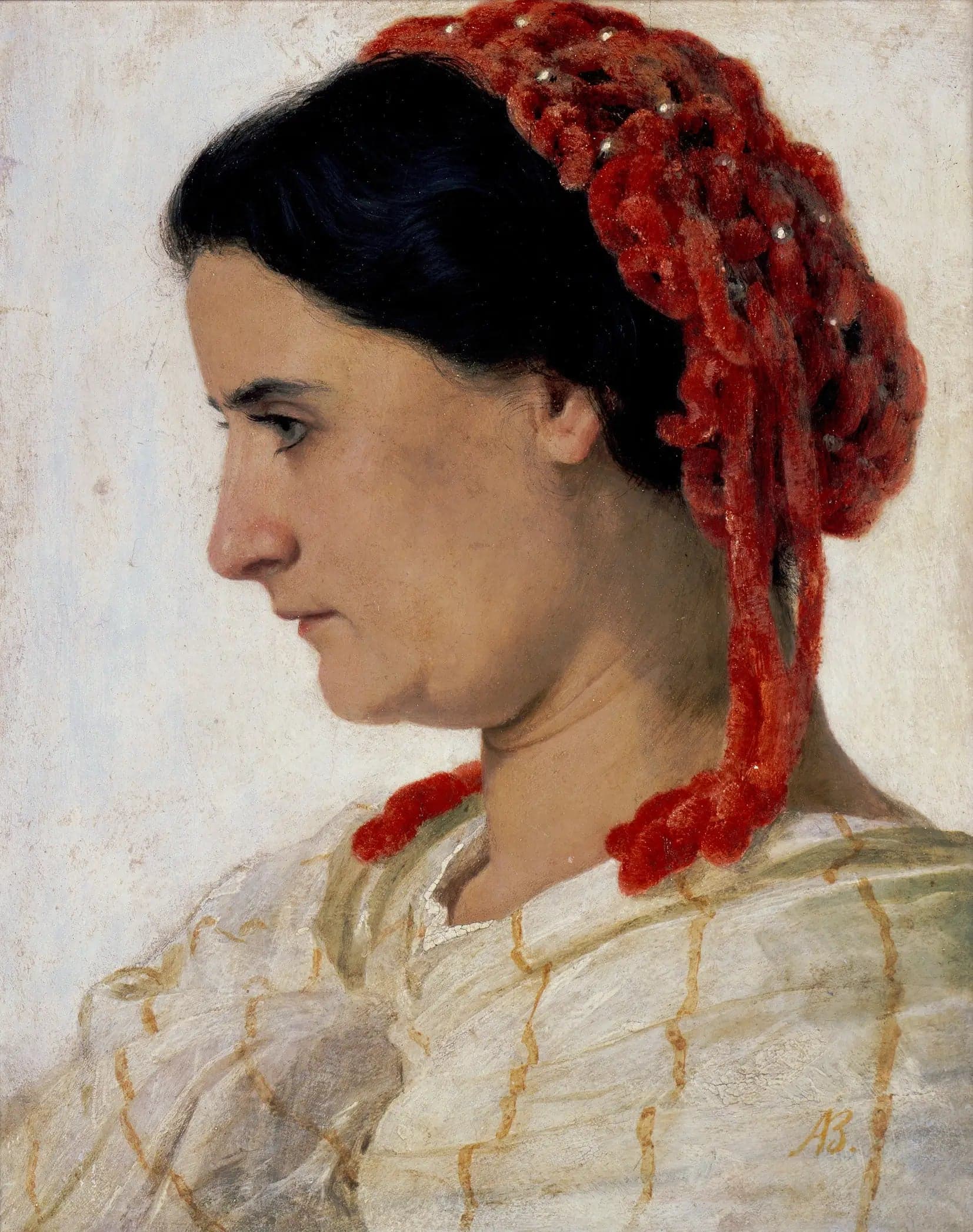 Angela Böcklin with a red hairnet