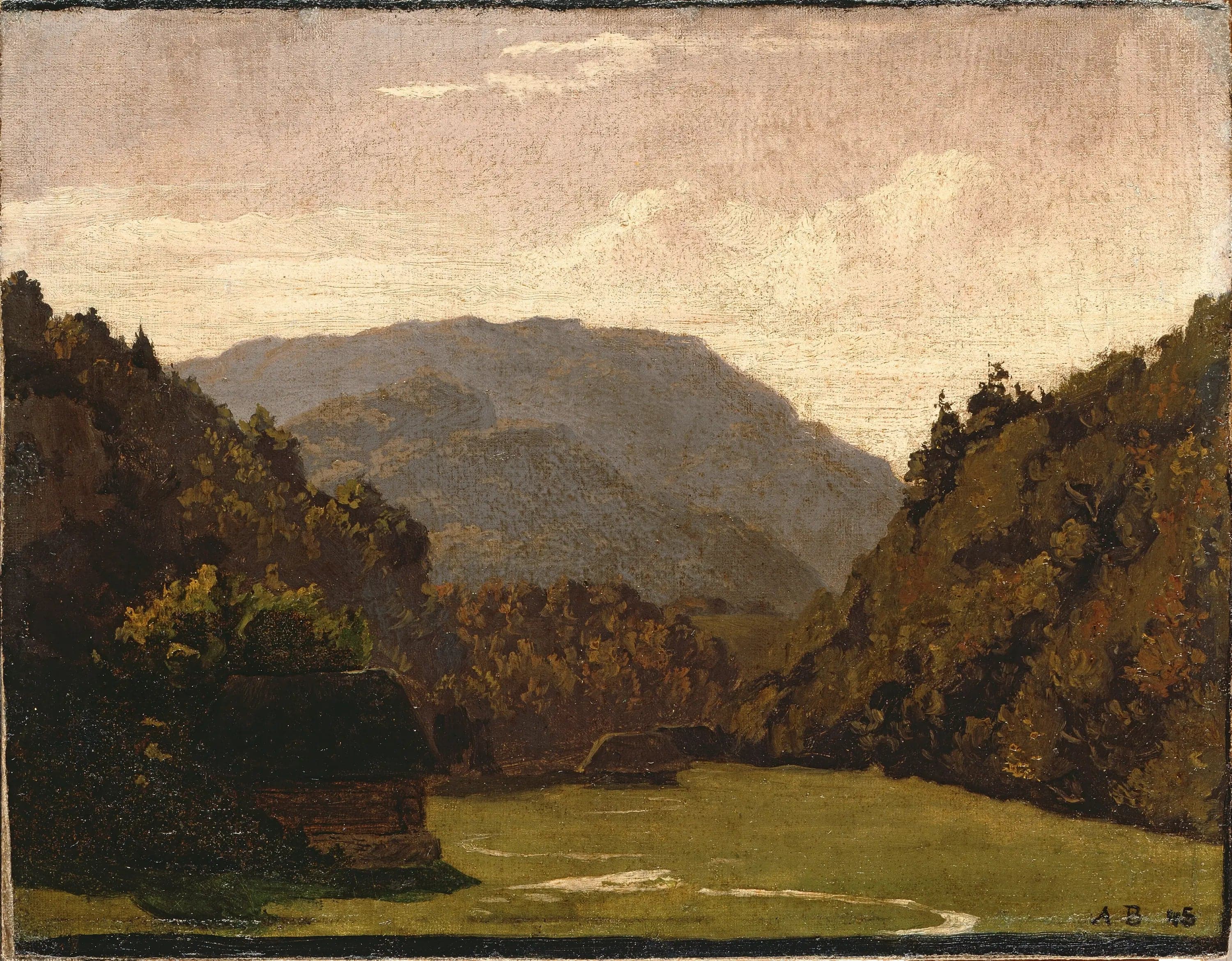 Rolling landscape with log cabins and a stream in the plain