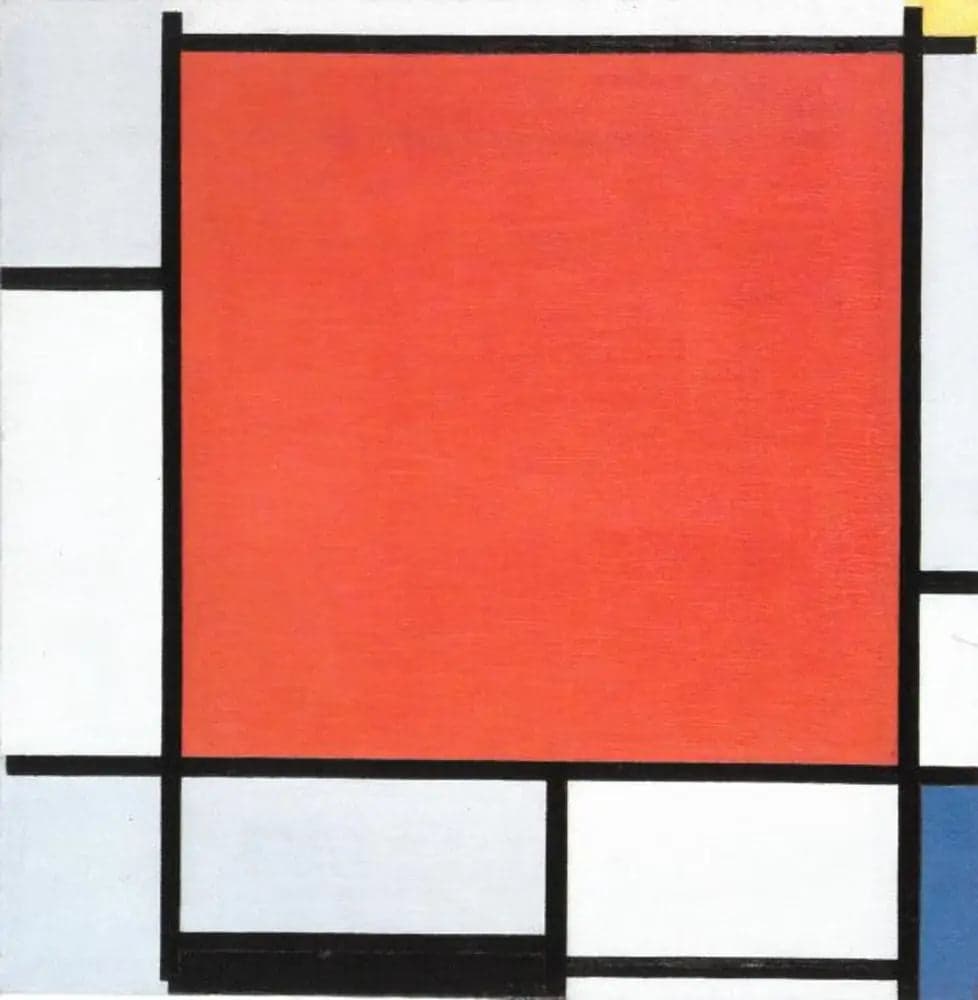 Composition with a large red, bluish gray, yellow, black, and blue airplane