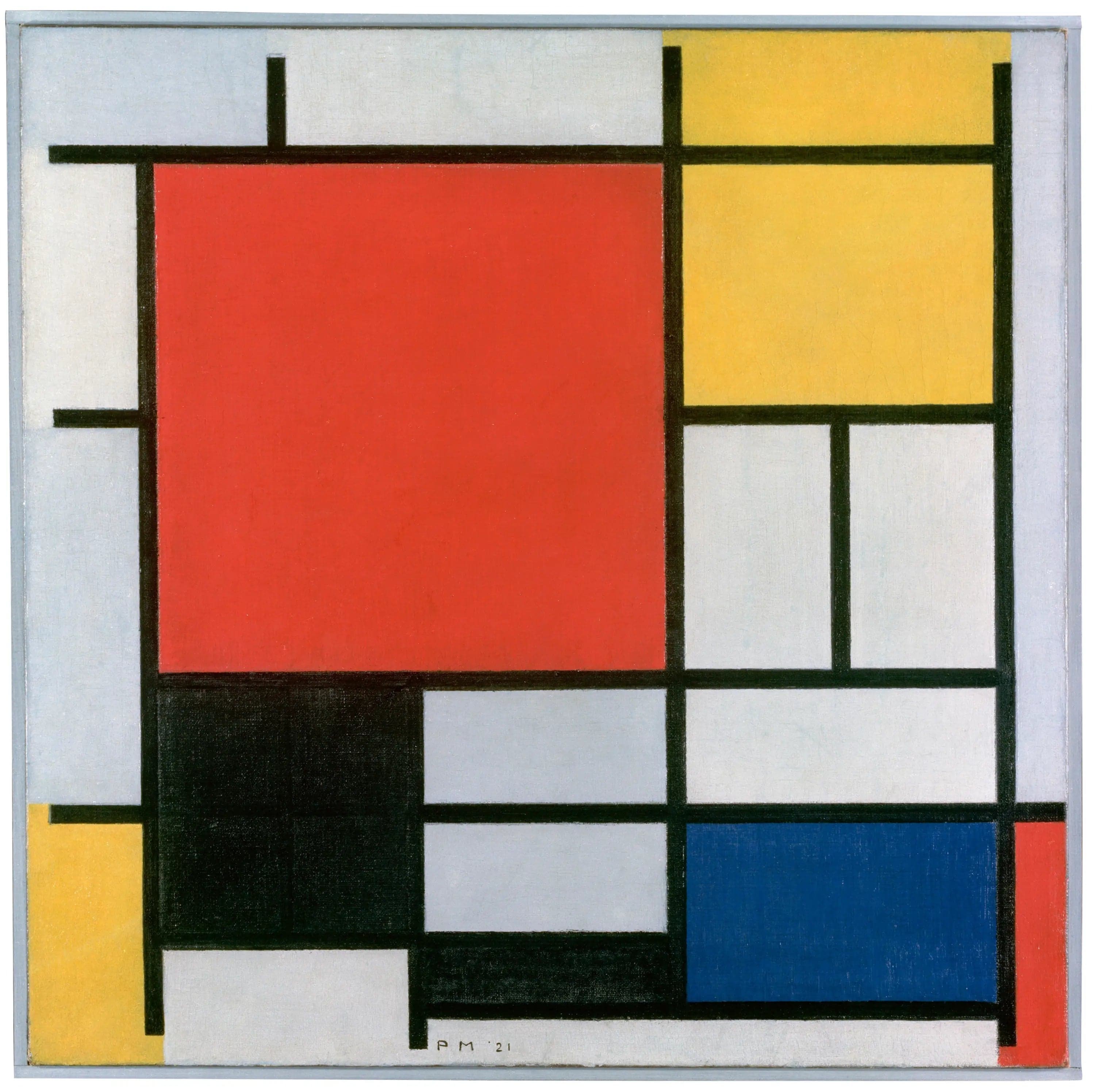 Composition with large red, yellow, black, gray, and blue