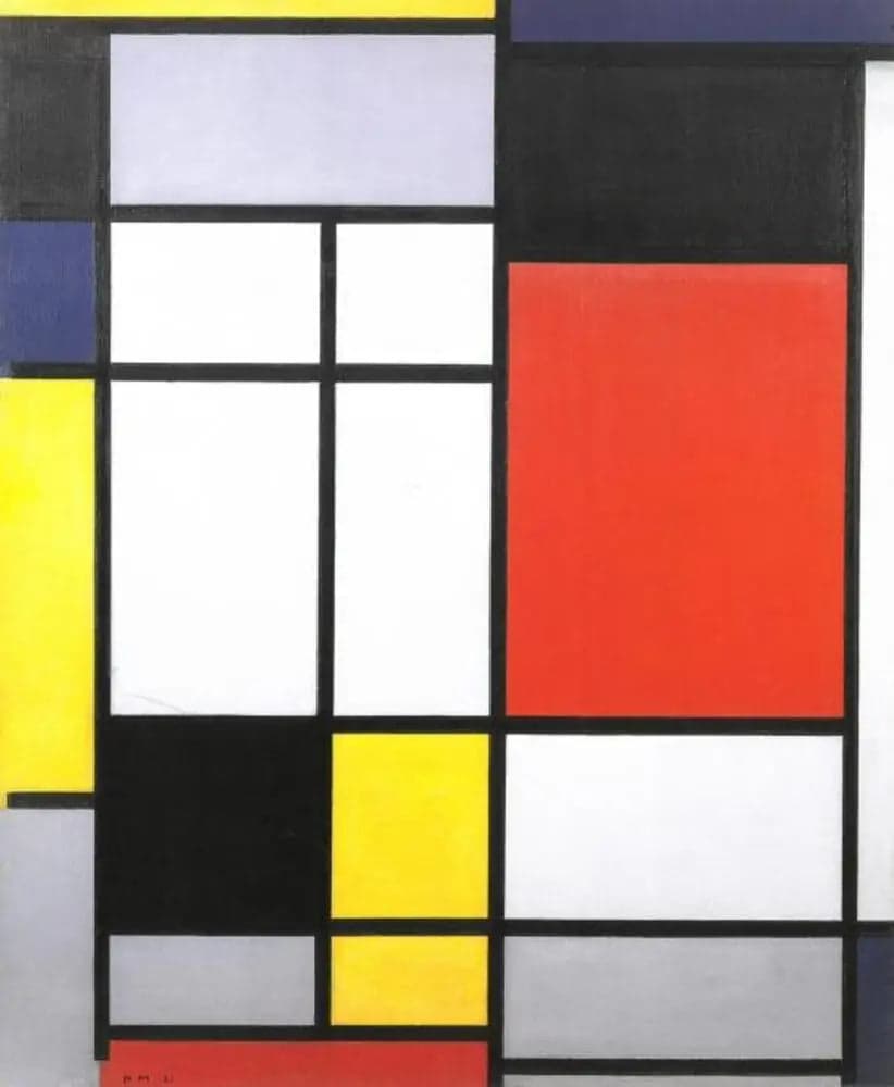 Composition with yellow, blue, black, red, and gray