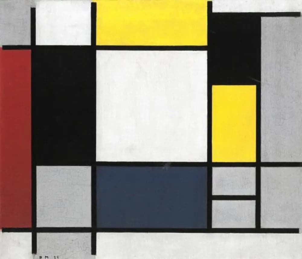 Composition with yellow, red, black, blue, and gray