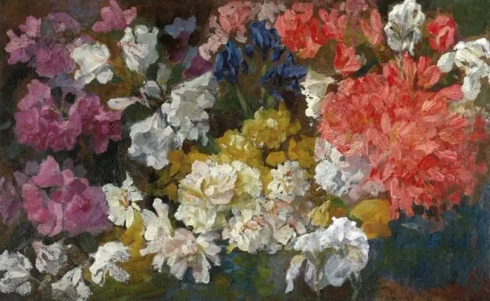 Floral composition with rhododendrons and irises