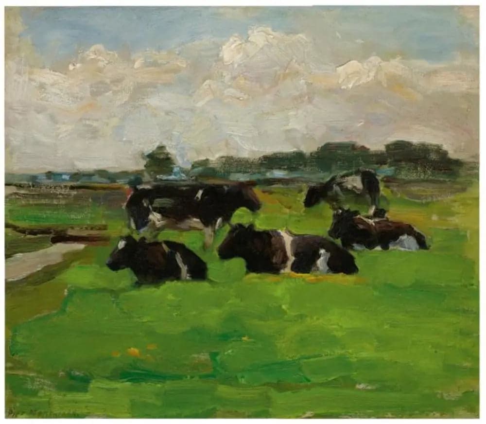 Landscape of polders with a group of five cows