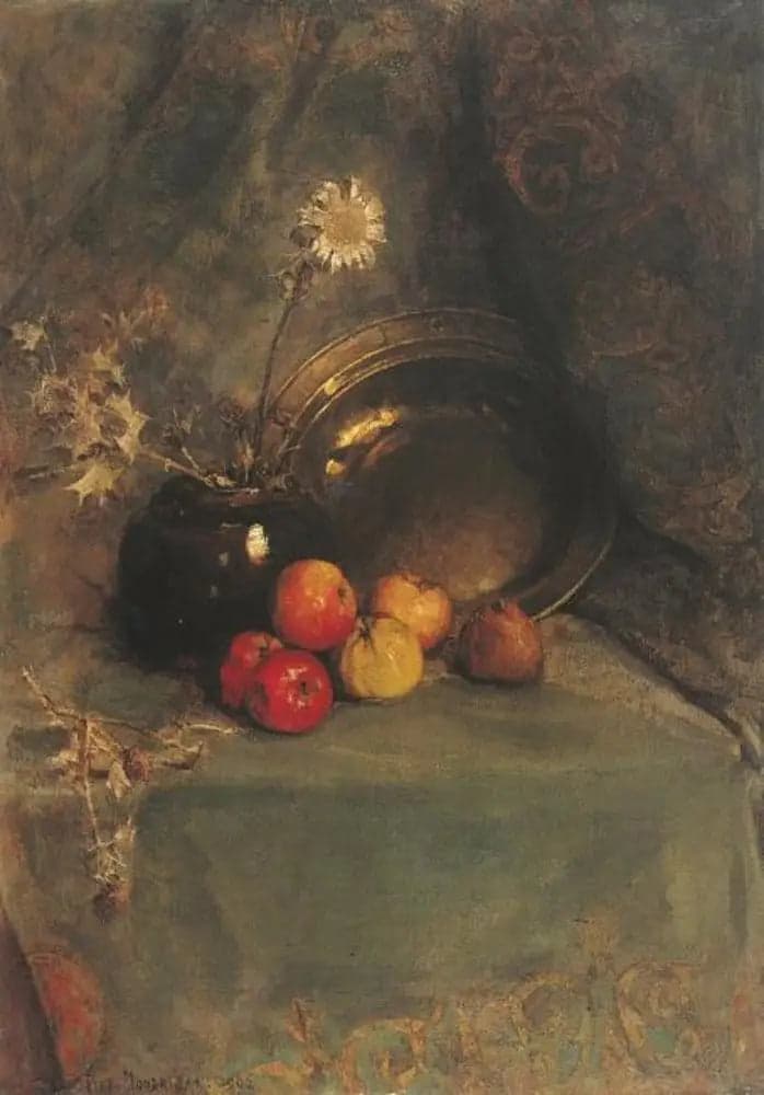 Still Life: Apples, Flower Pot, and Metal Pan