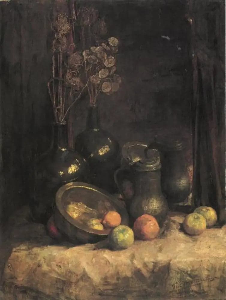 Still Life with Mirror, Containers, Honesty and Fruits