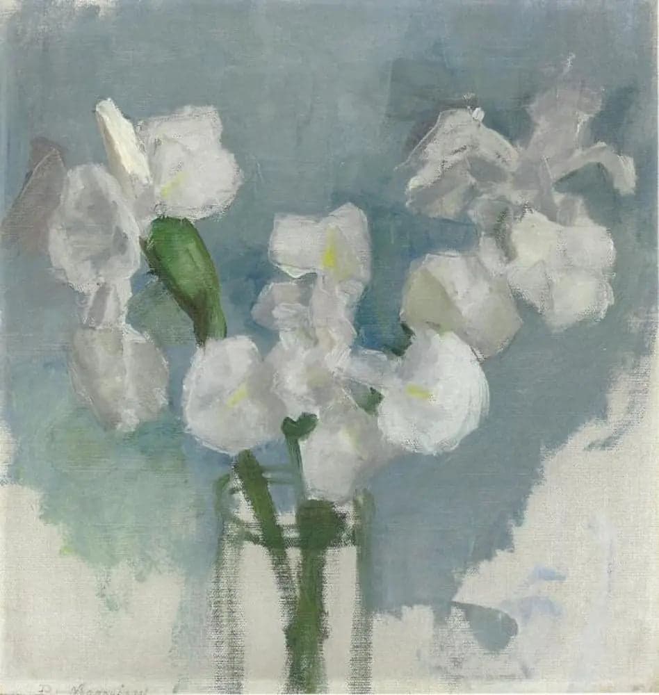 White Irises on Light Blue Background I