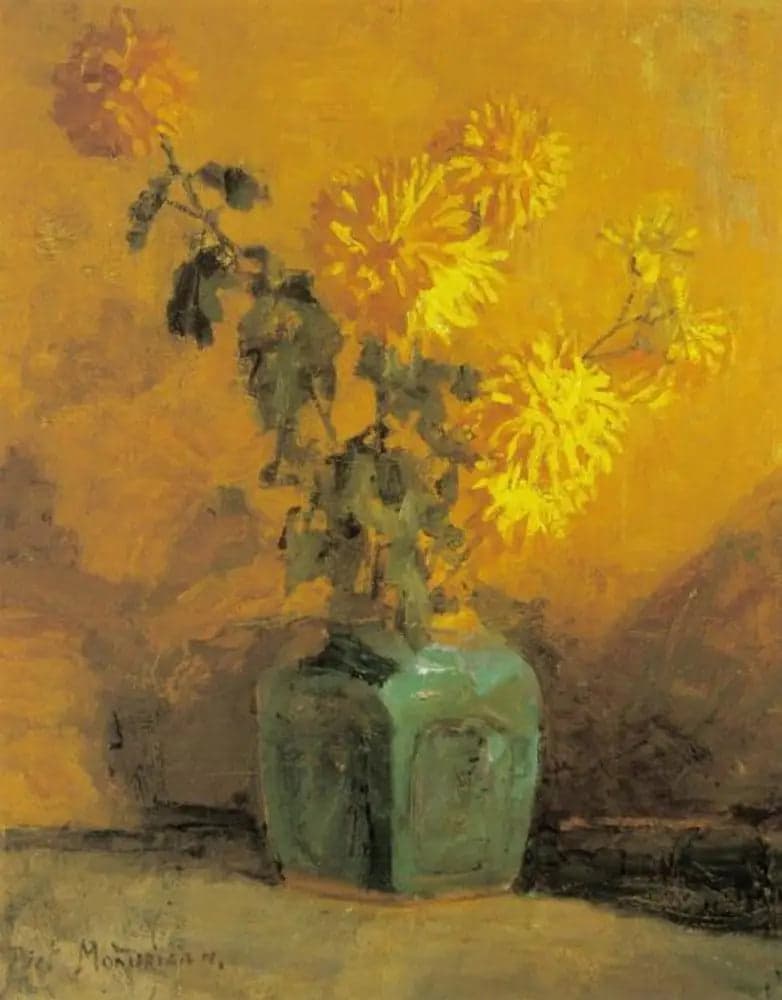 Yellow Chrysanthemums in a Ginger Pot