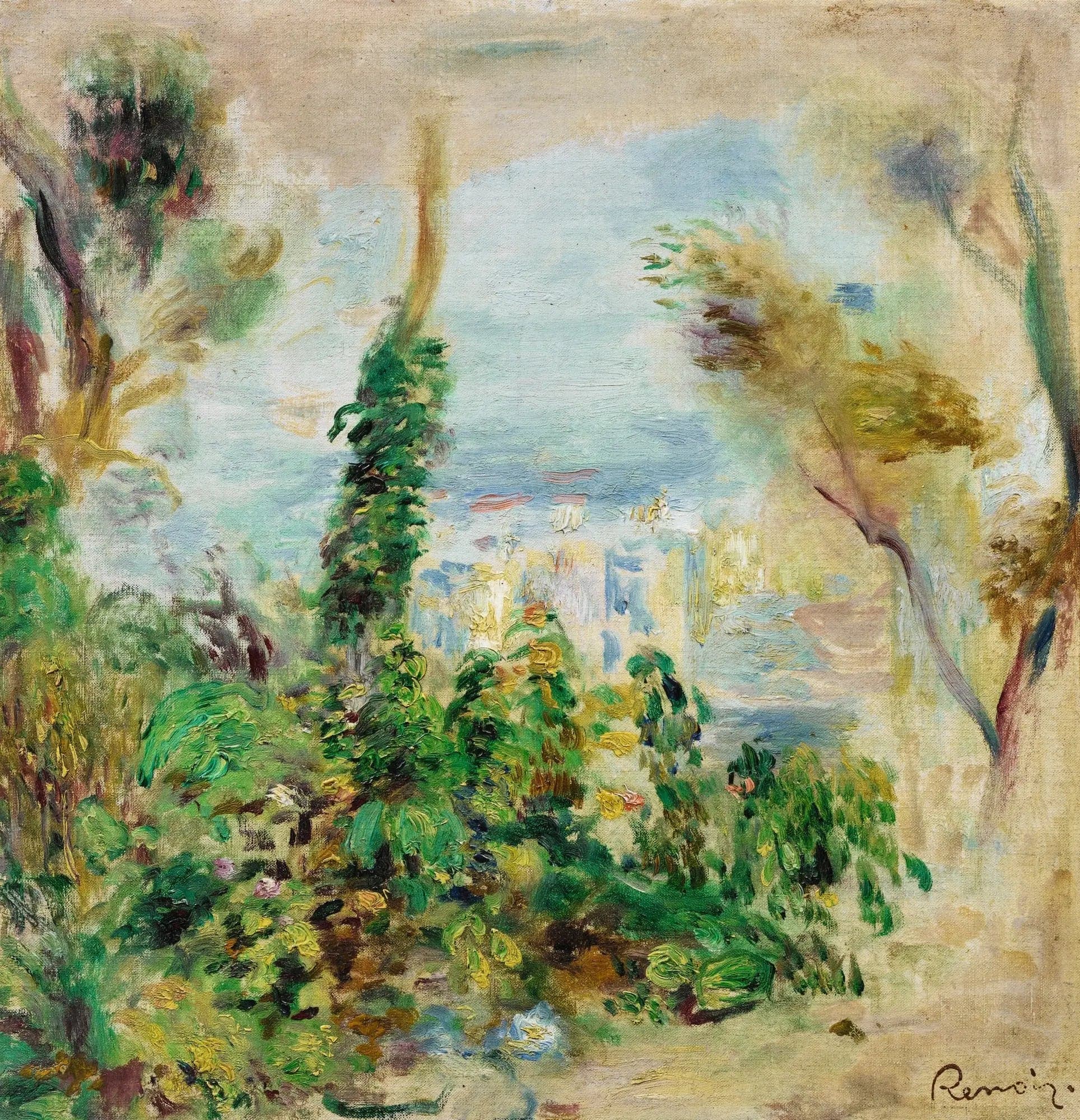 Landscape, with climbing flowers in the foreground, houses in the background - Pierre