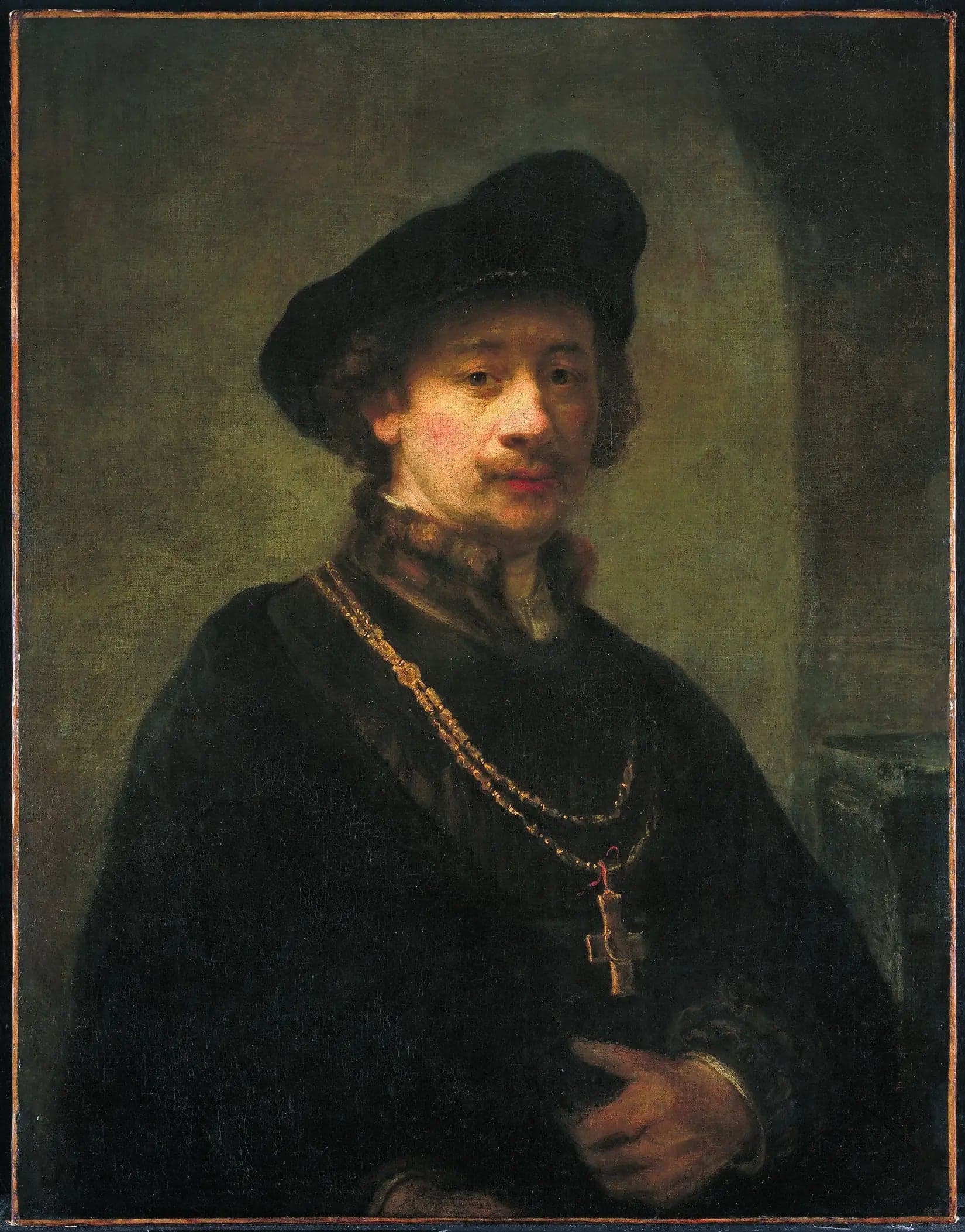 Self-Portrait with Beret, Gold Chain, and Staff