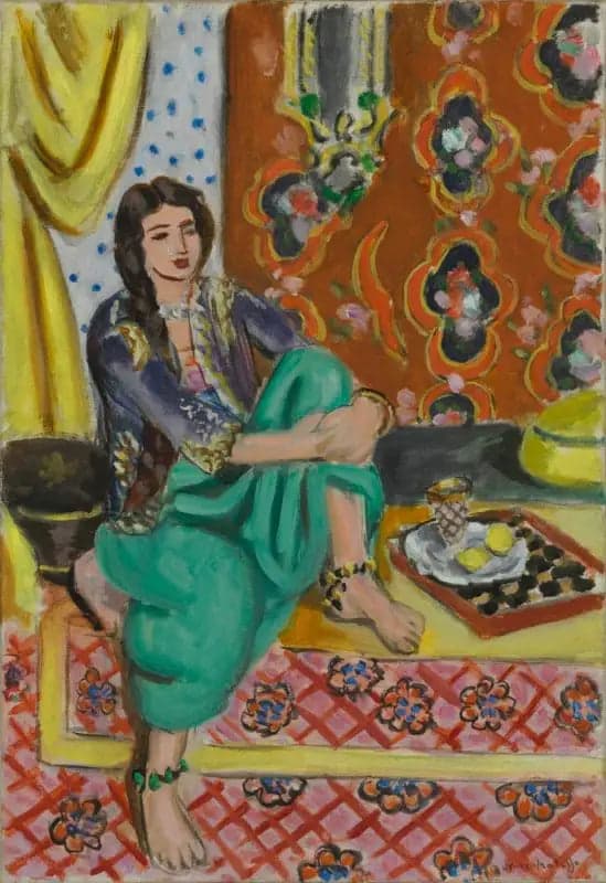 Seated Odalisque, left knee bent, ornamental background and checkerboard
