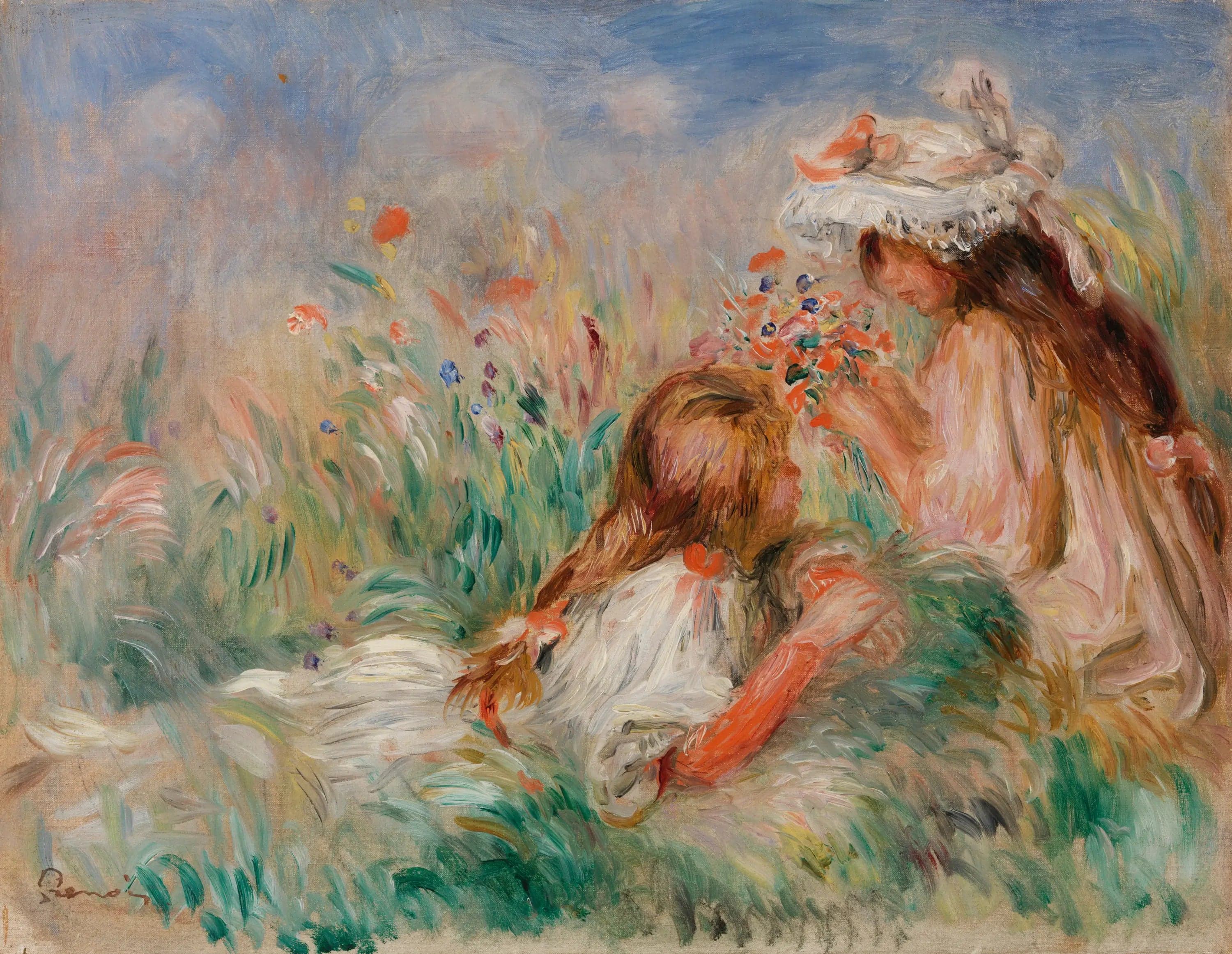 Girl Lying on the Grass and Young Girl Arranging a Bouquet - Pierre