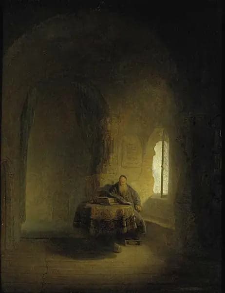 An old scholar by a window in a vaulted room