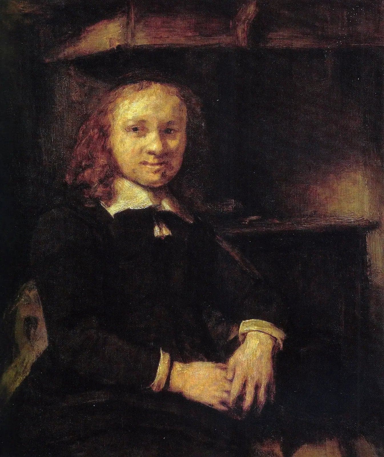 Portrait of Jan Boursse, sitting by a stove