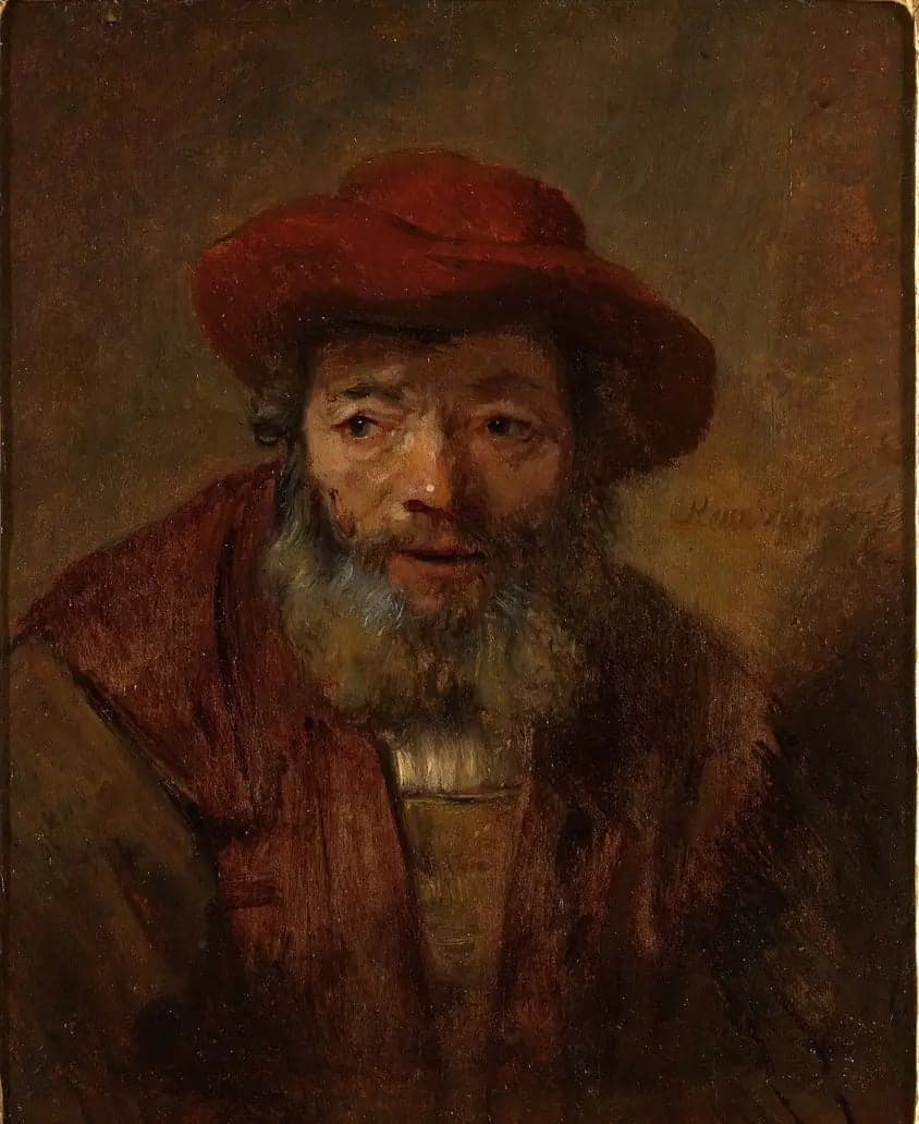 Portrait of an old man with a beard and a red hat