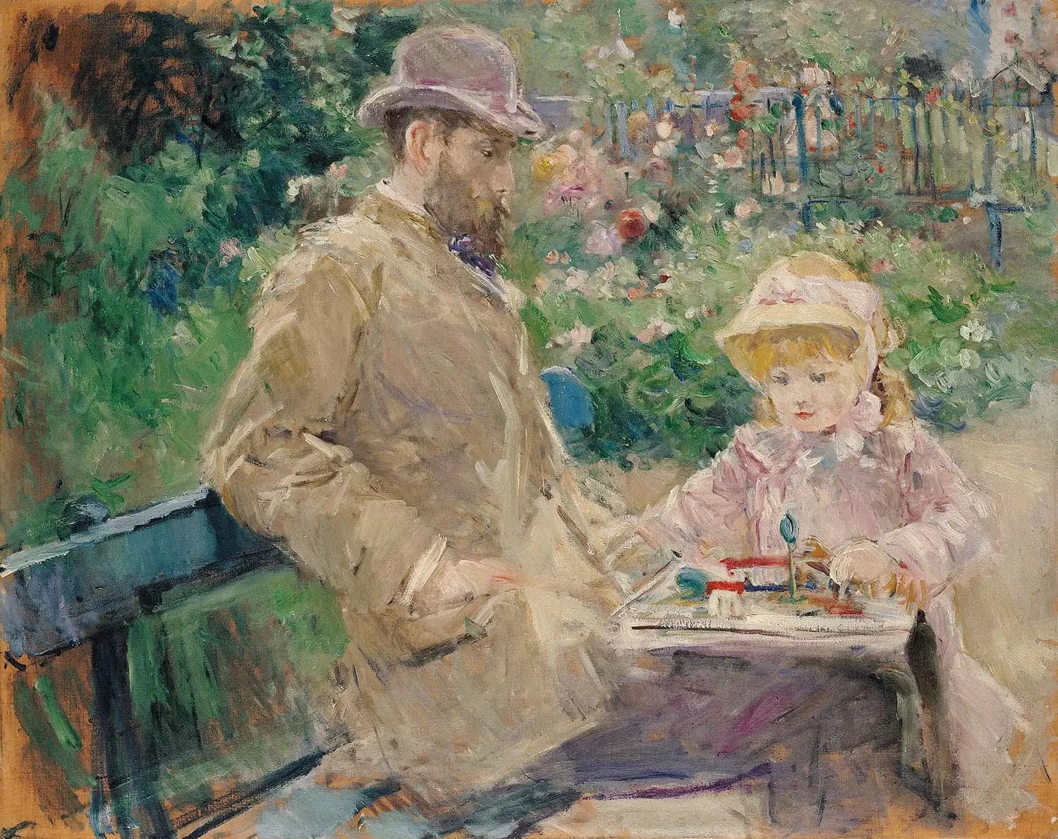 Eugène Manet and his daughter in the garden of Bougival