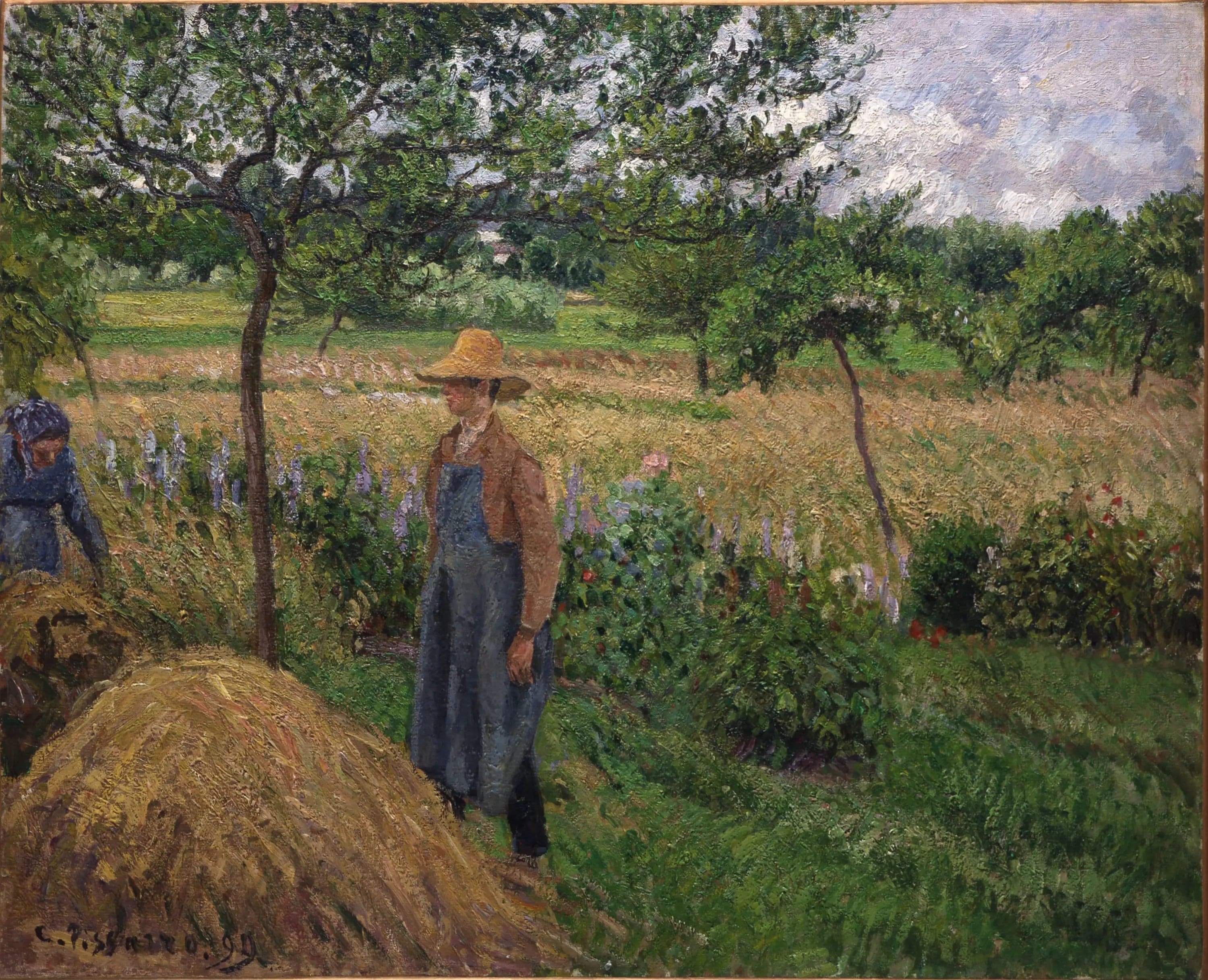 Gardener in front of a haystack, gray weather, Éragny