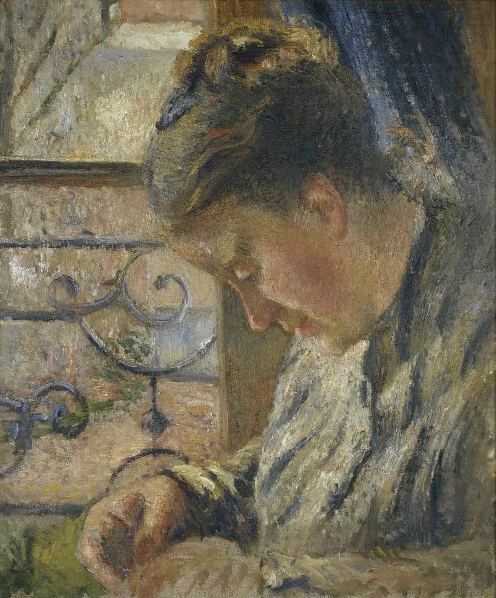 Julie Pissarro sewing, the red house, Pontoise