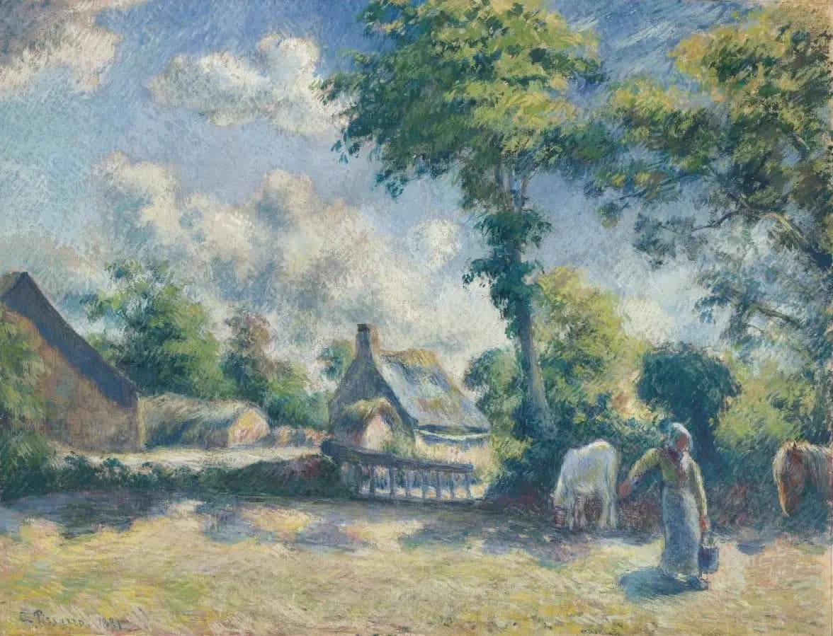 Landscape at Melleray, woman giving drink to horses