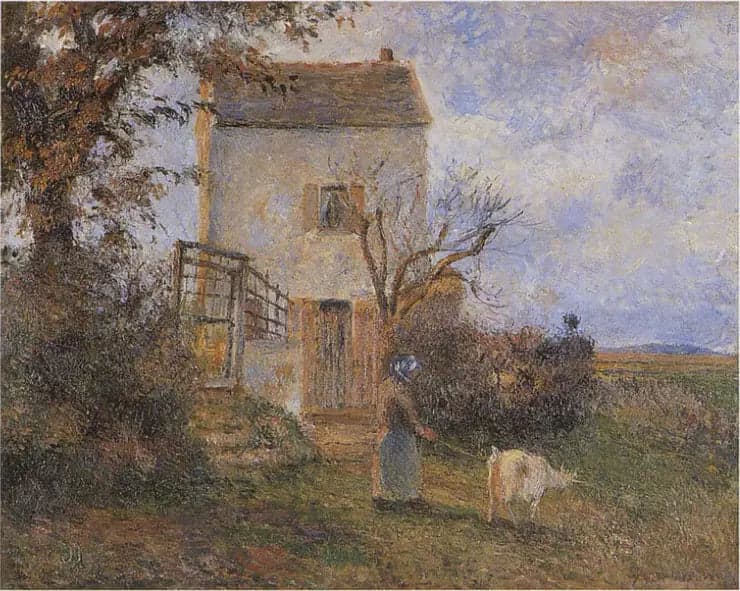 Peasant and goat in front of a house, surroundings of Pontoise