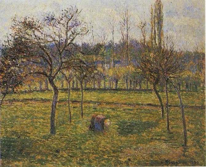 The Pasture Background at Éragny with a Woman Gathering Grass