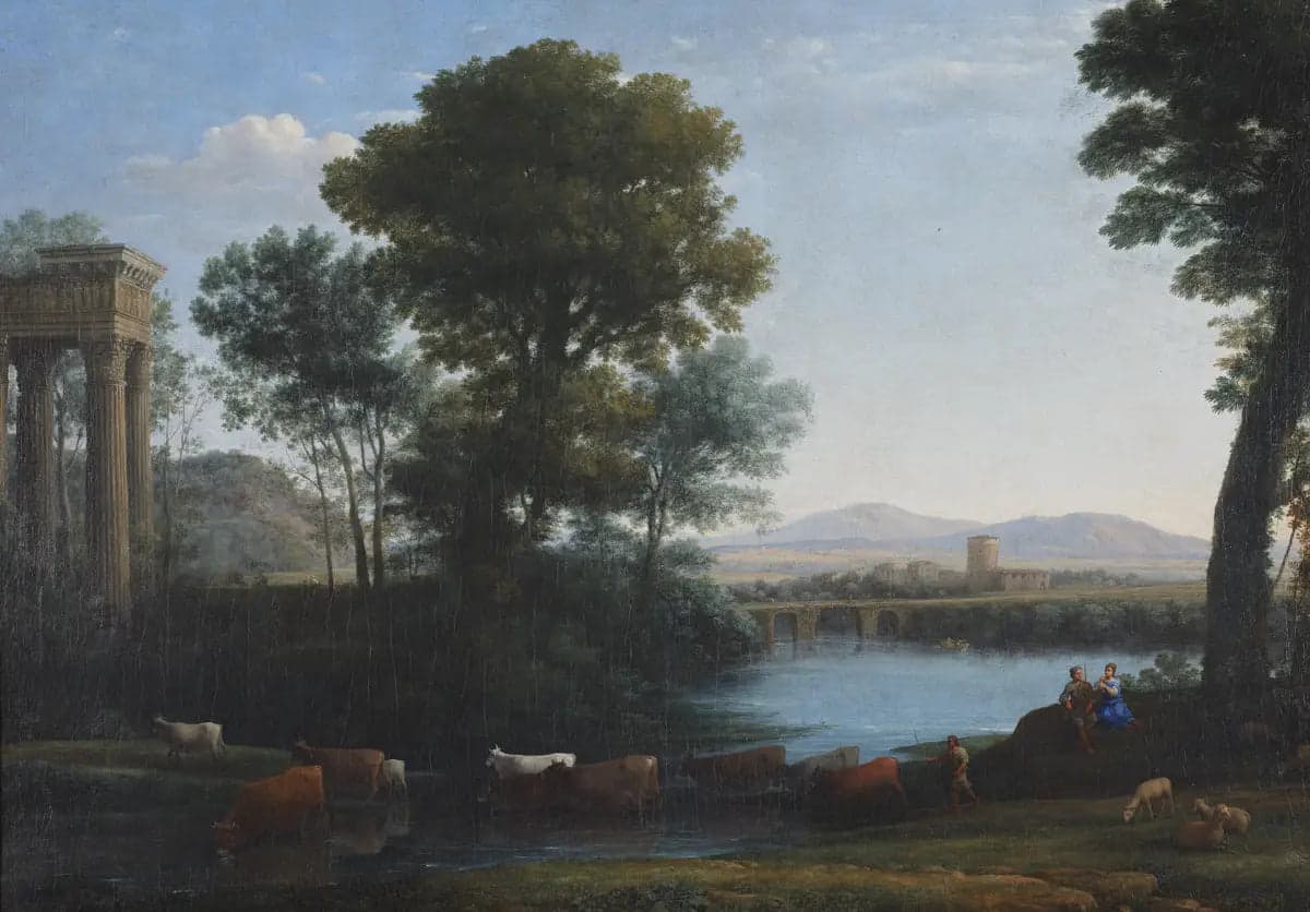 A classical landscape with cattle crossing a stream