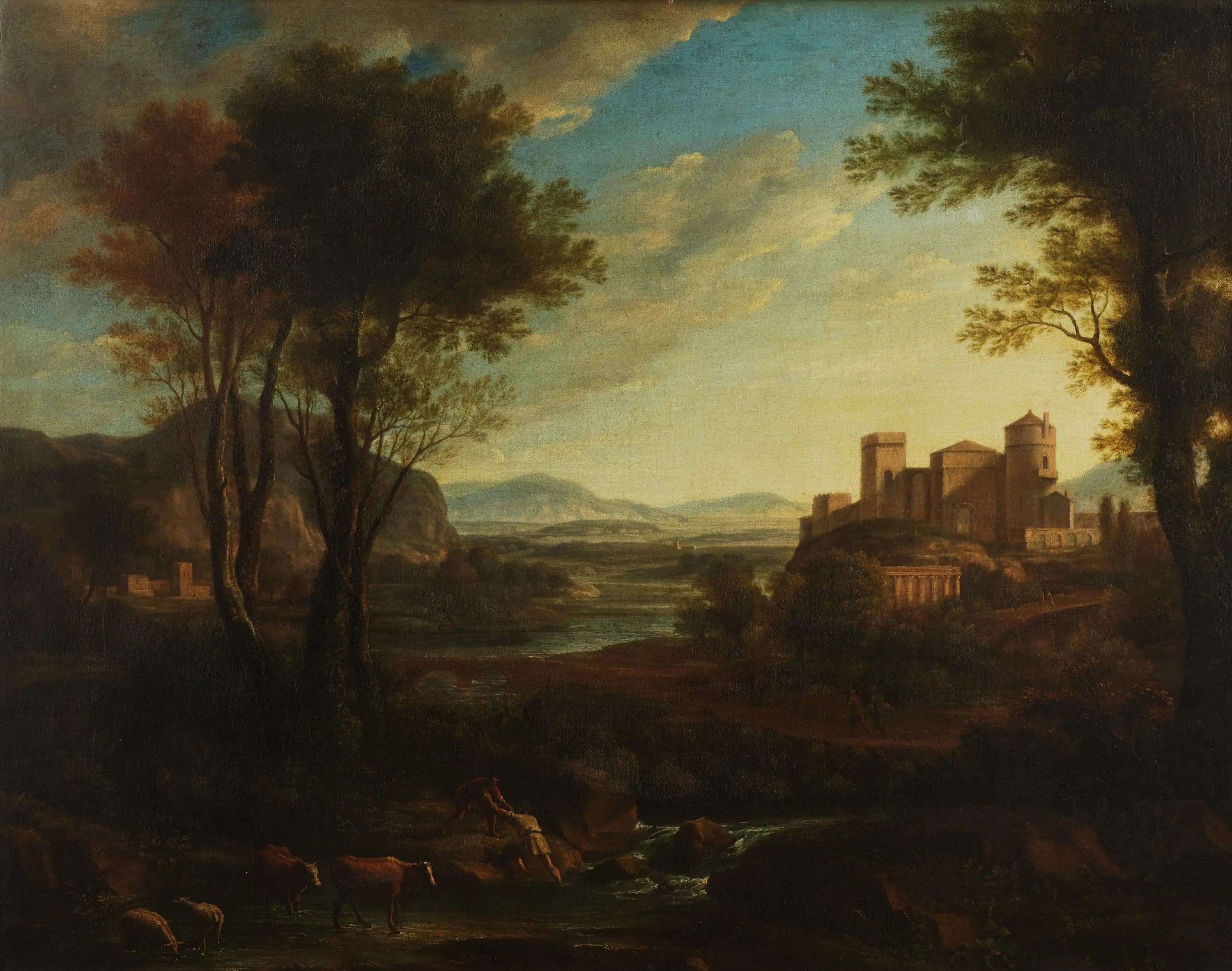 A classical landscape with characters crossing a stream
