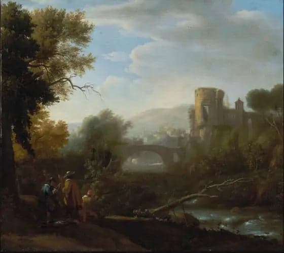 A landscape with Tivoli and the Temple of Vesta, hunters and an artist drawing in the foreground