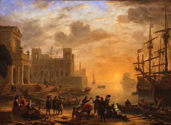 A port landscape at sunset