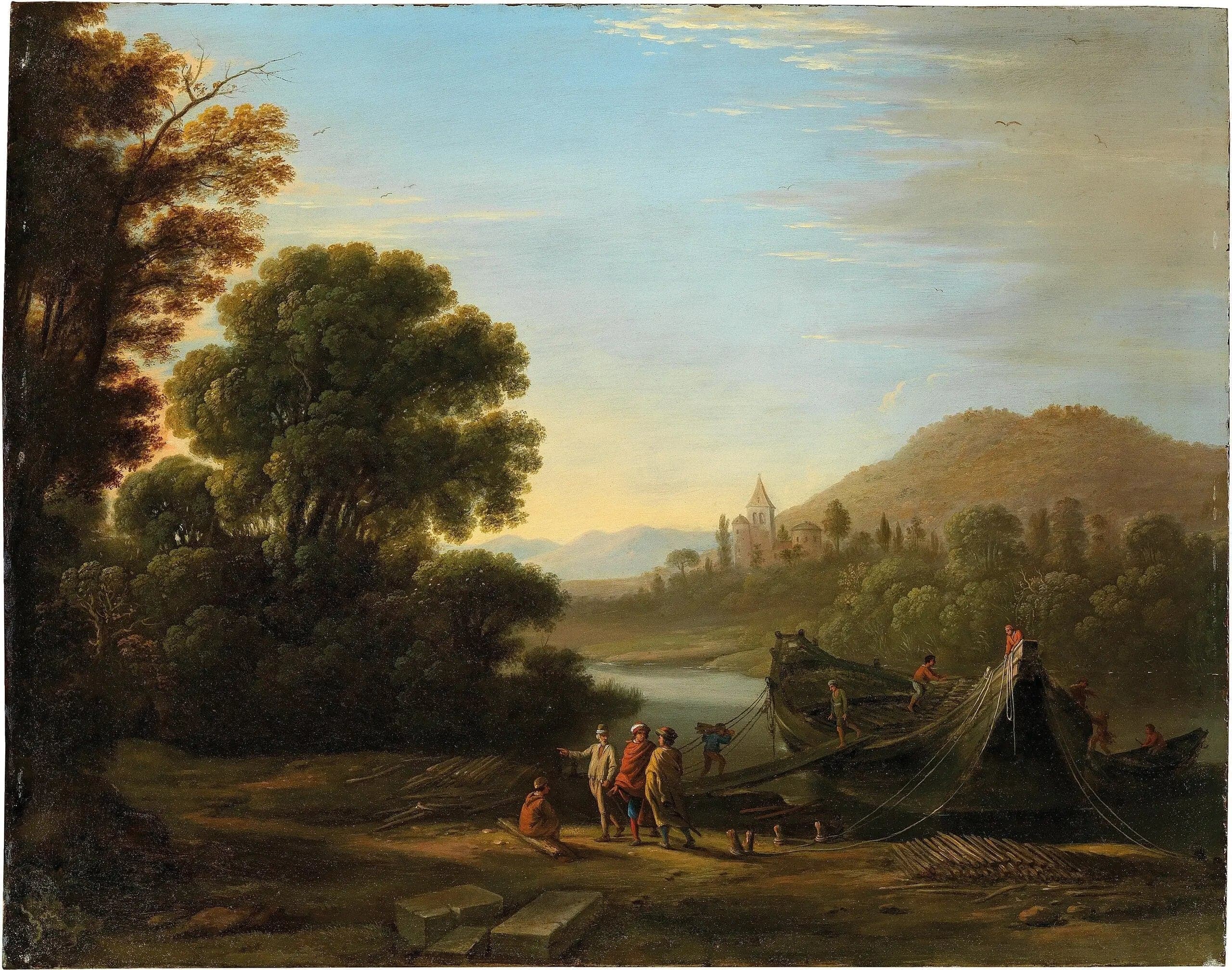 Landscape with Figures Loading Wood onto a Boat
