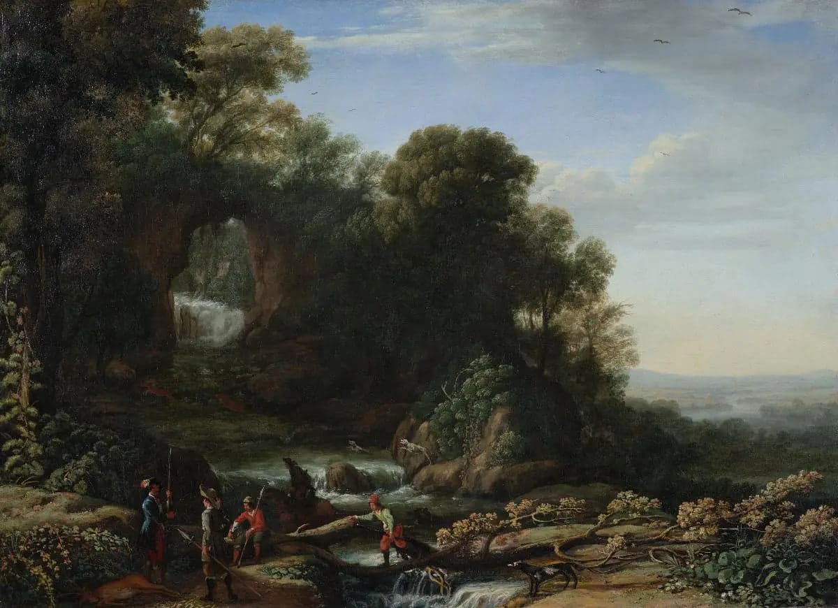 Landscape with Waterfall and Hunters