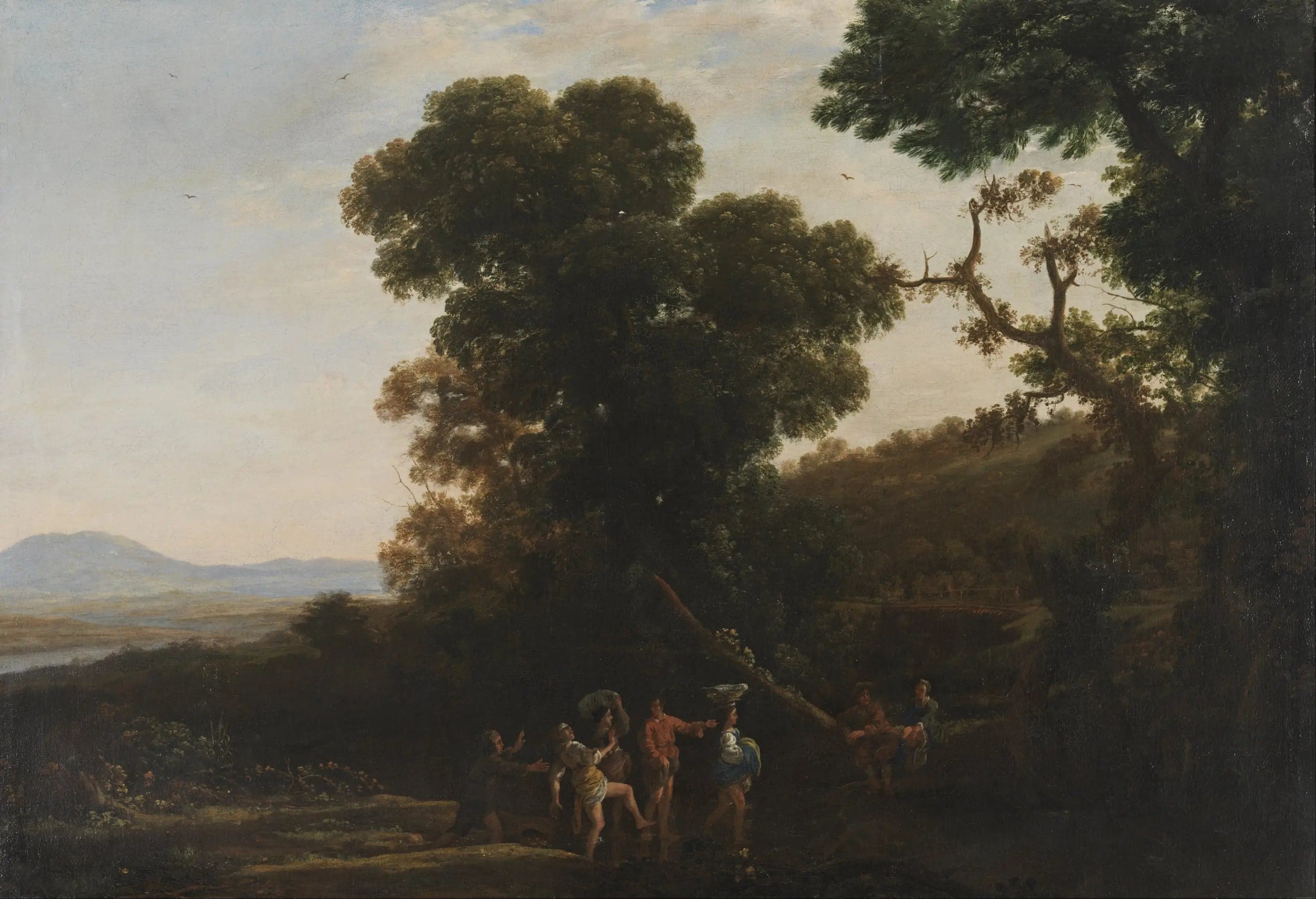 Landscape with figures wading in a stream