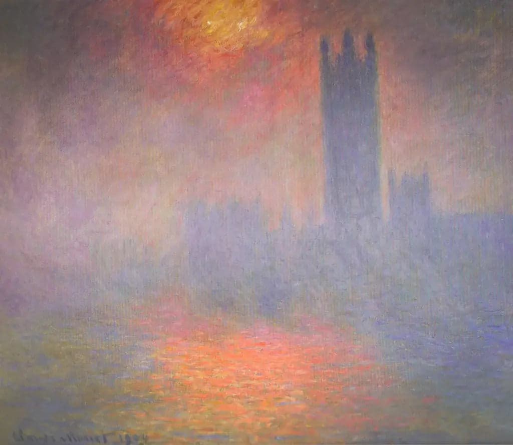London, the Parliament. A break of sunlight in the fog