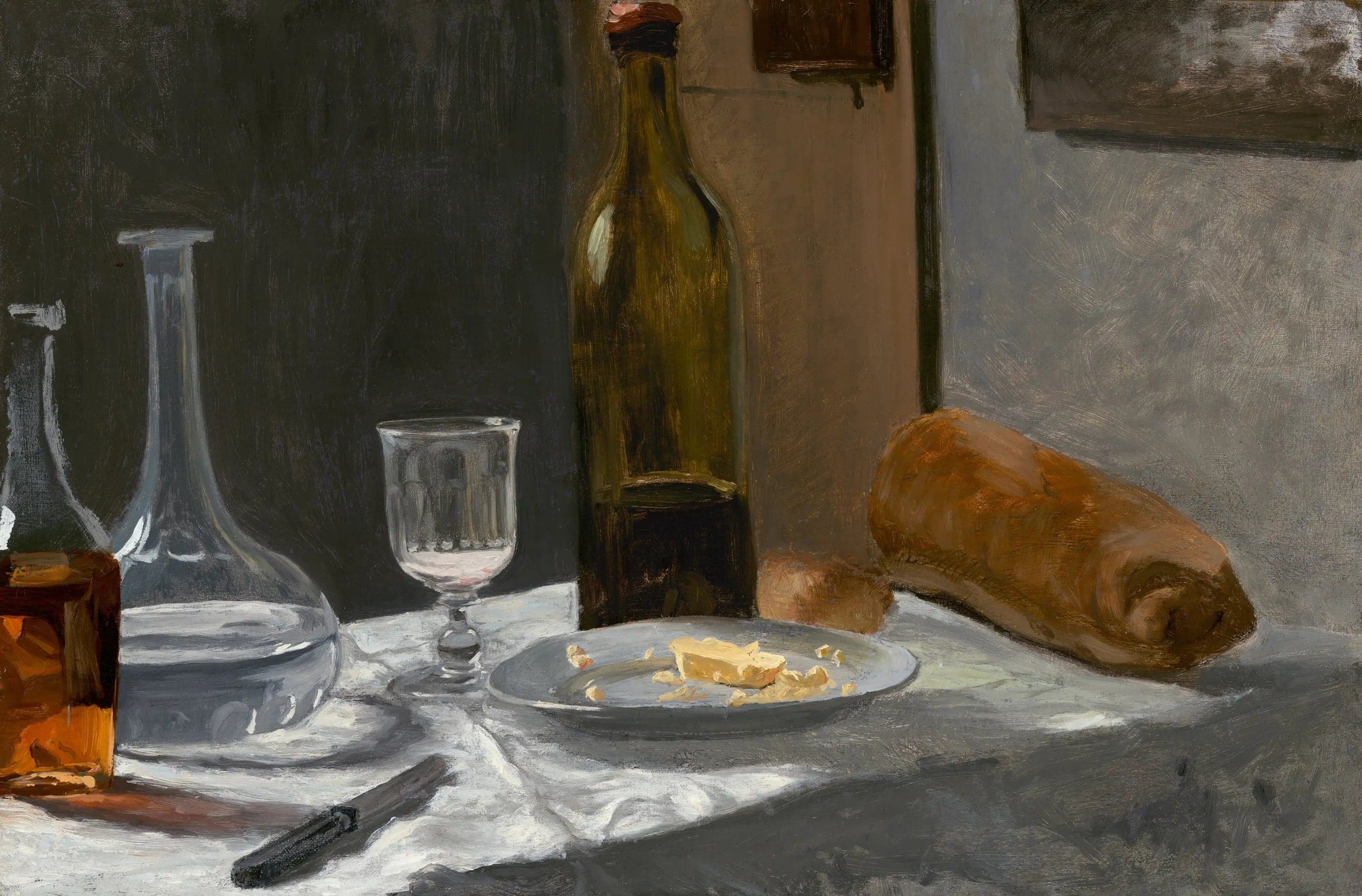 Still life with bottle, carafe, bread, and wine