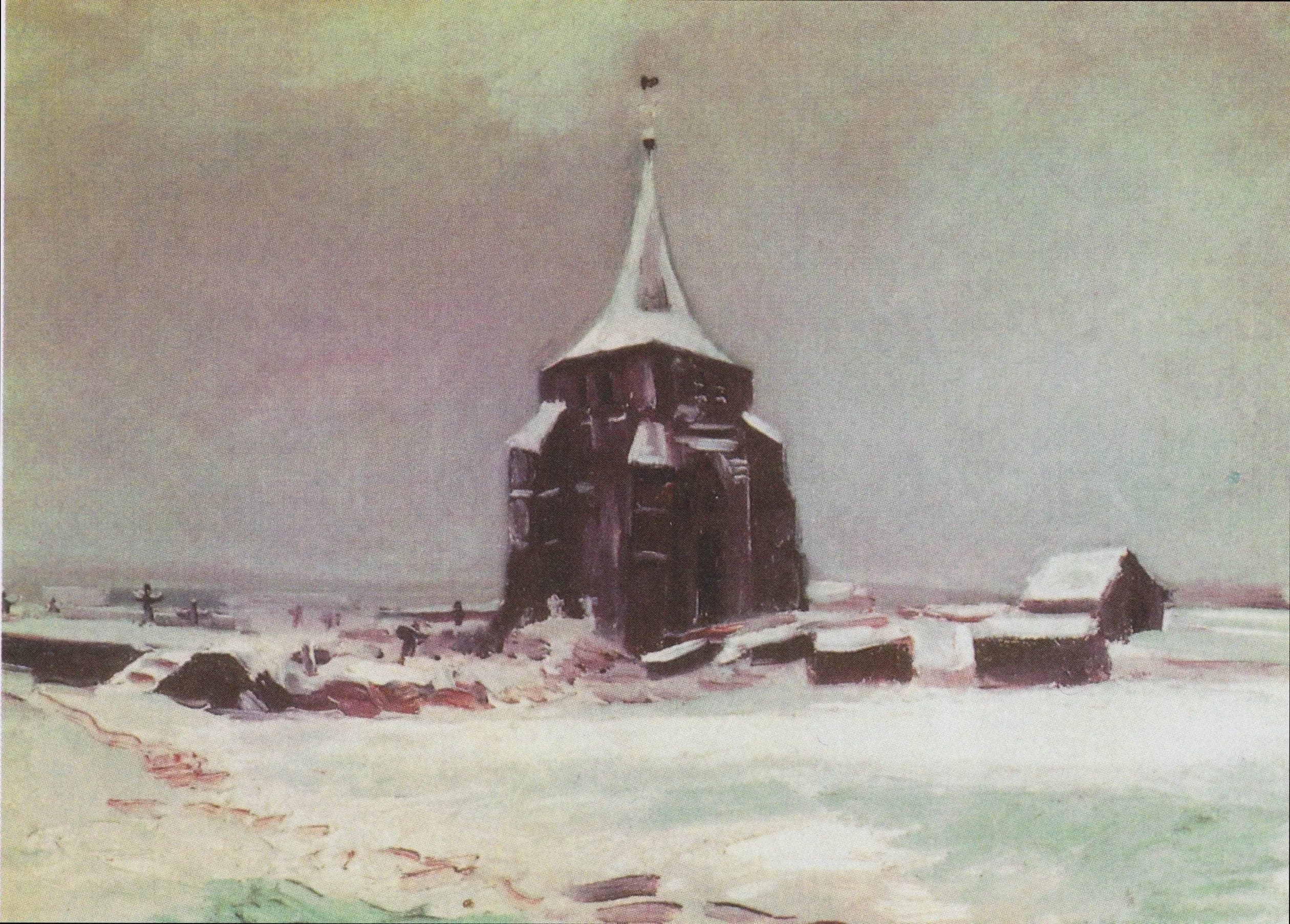 The old tower of the Nuenen cemetery under the snow