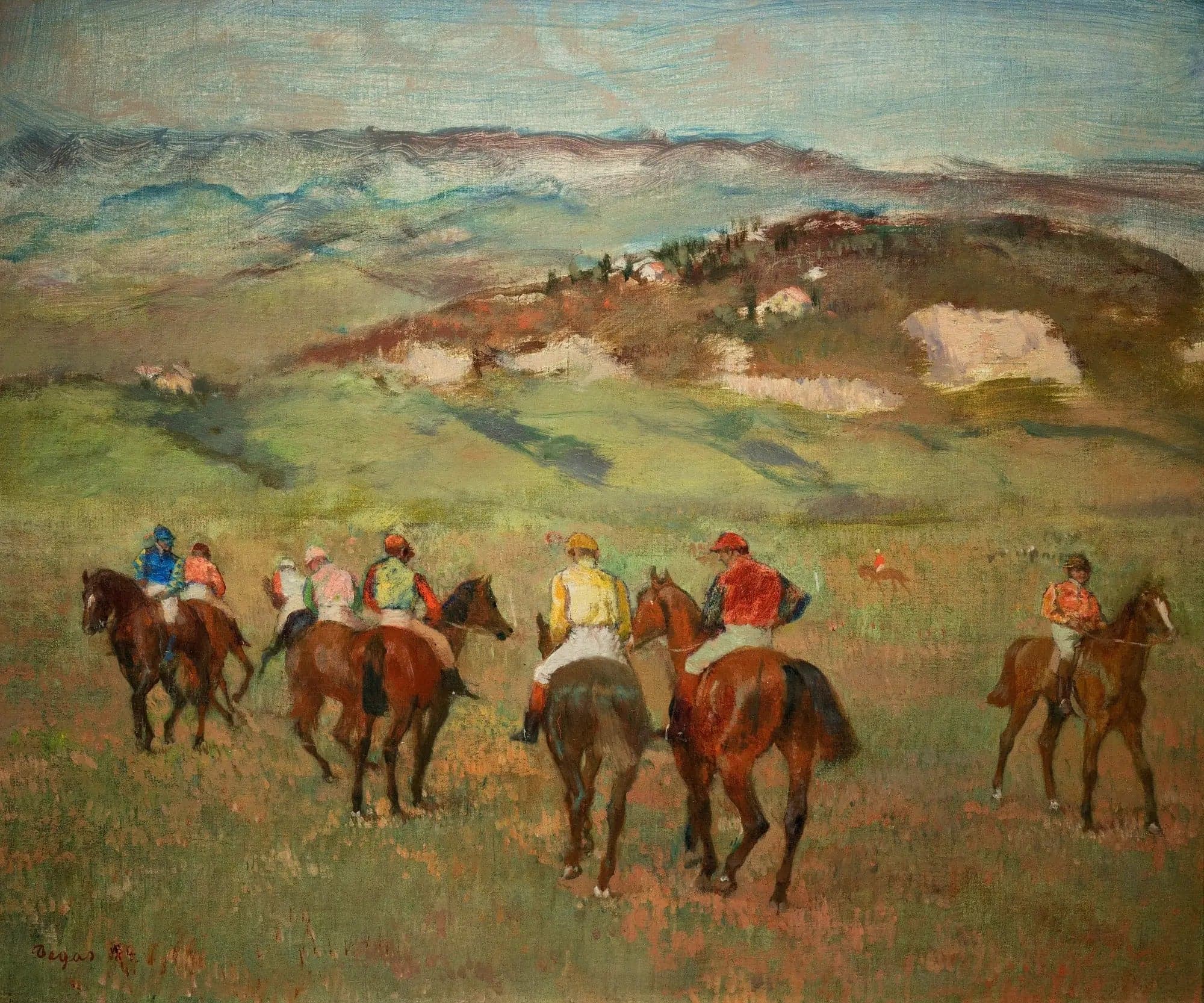 Jockeys on Horseback in Front of Distant Hills