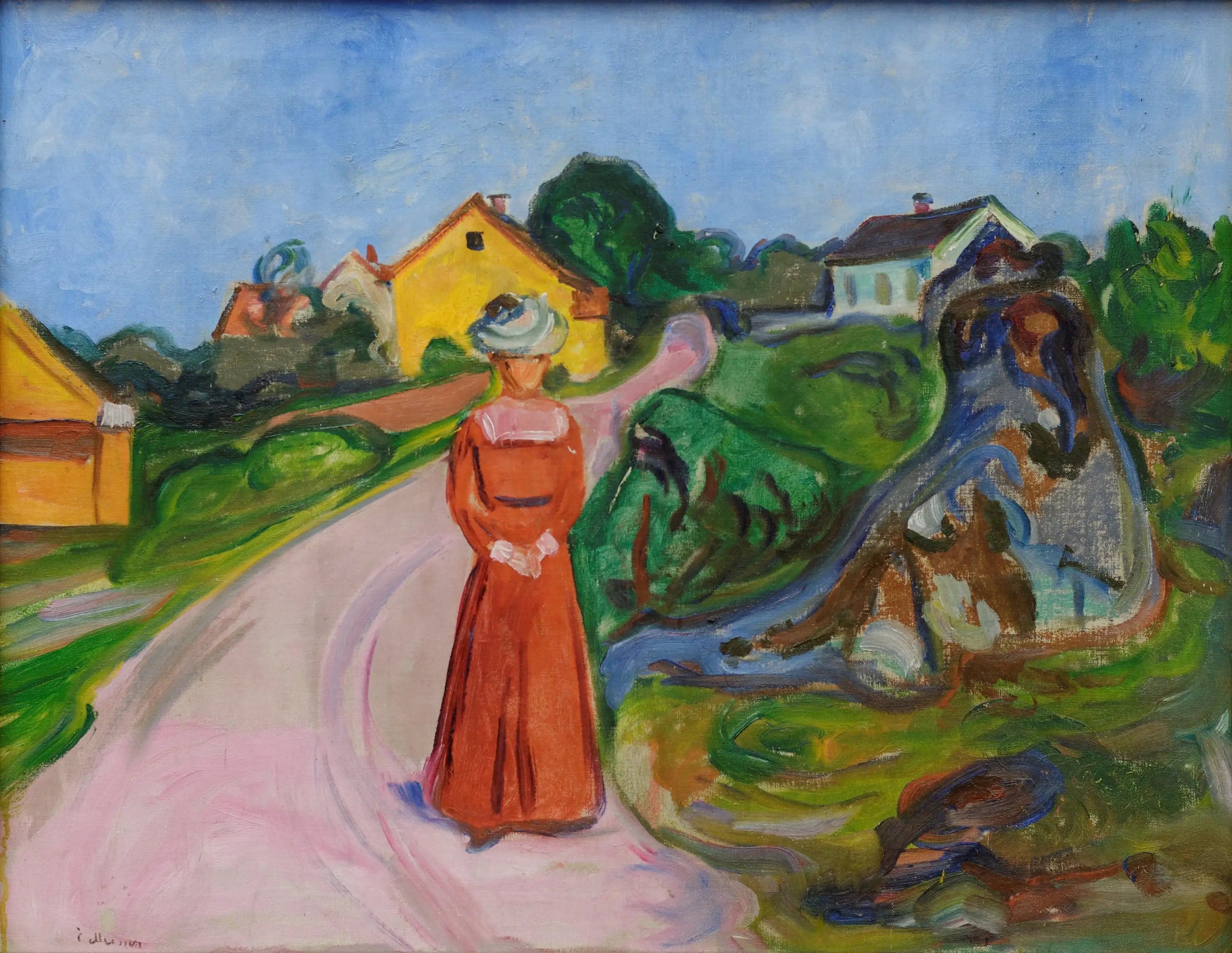 Åsgårdstrand Street and Woman in a Red Dress