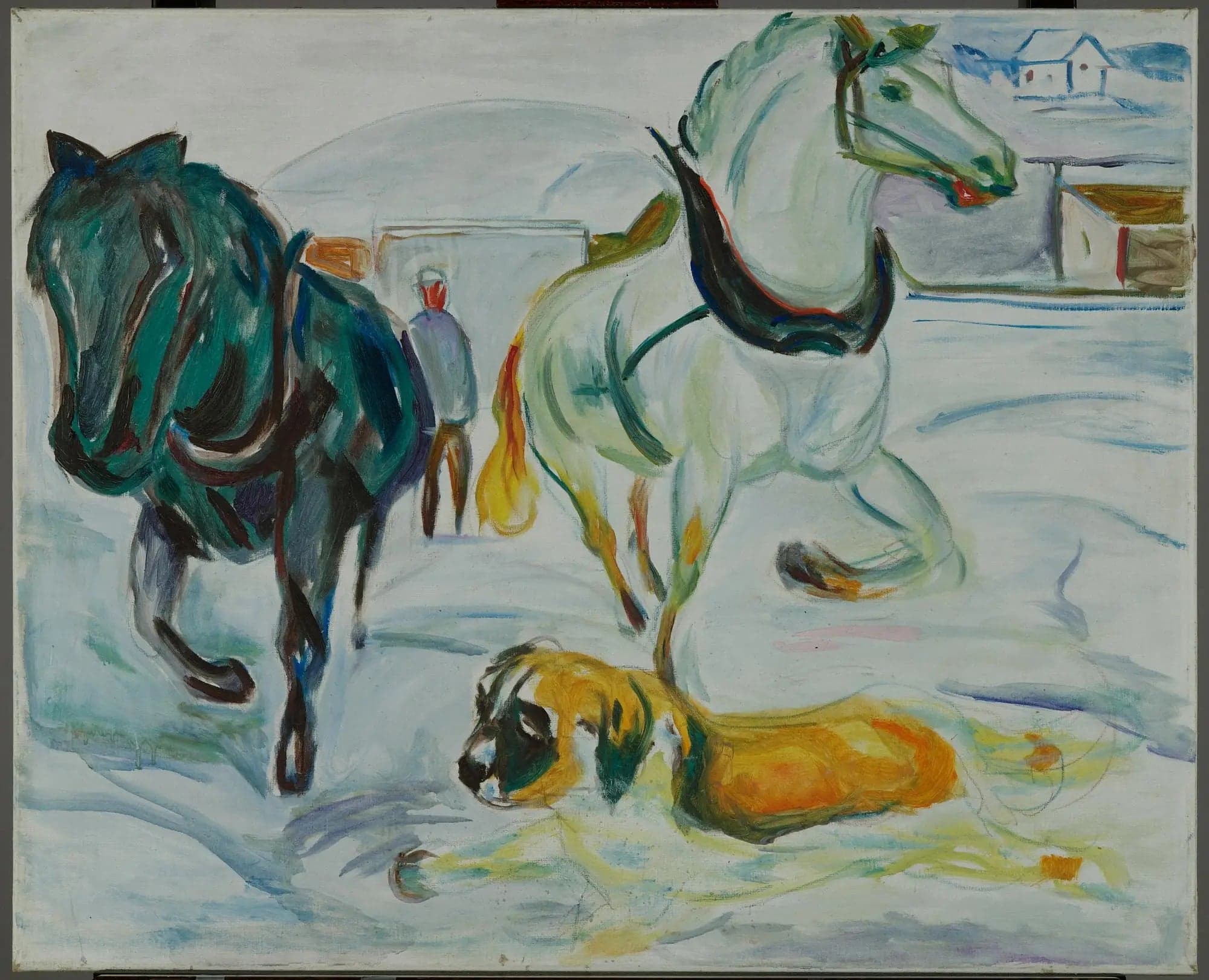 Group of Horses and Saint Bernard in the Snow