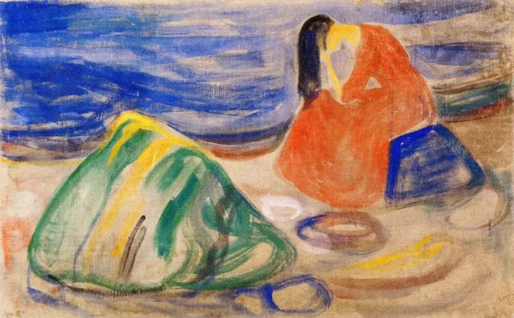 Melancholy. Woman Weeping on the Beach